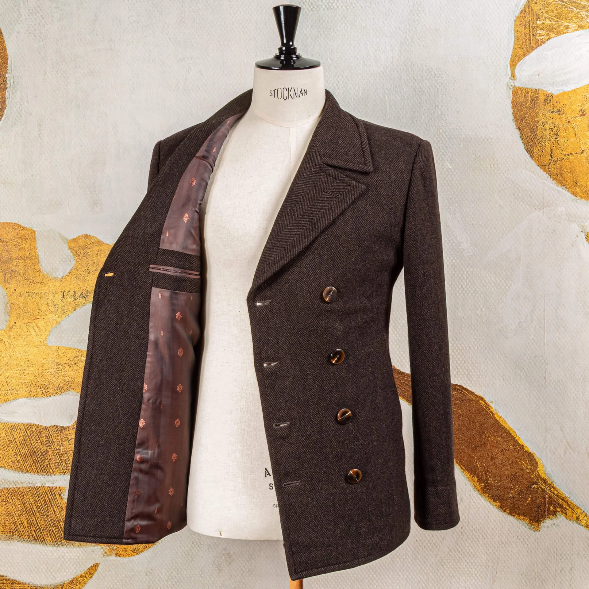 Double-breasted peacoat open met voering in herringbone
