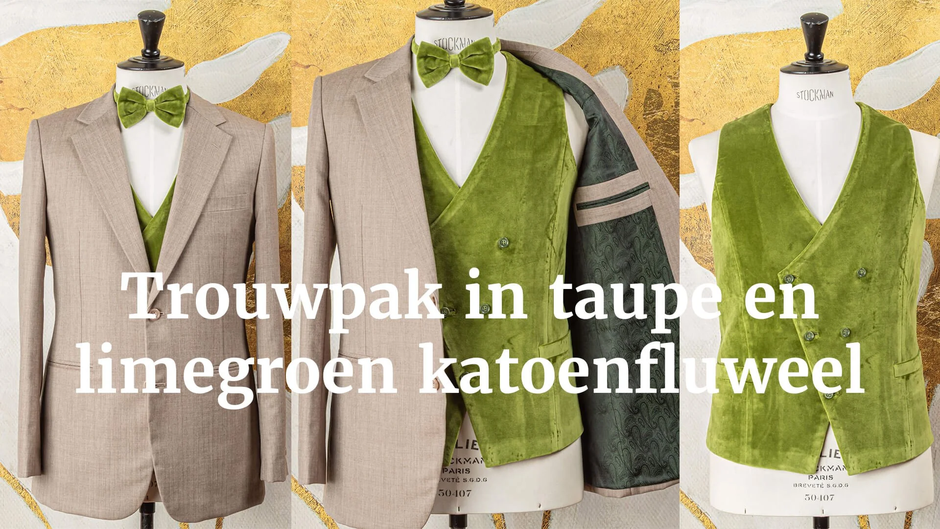 Trouwpak in taupe en limegroen katoenfluweel