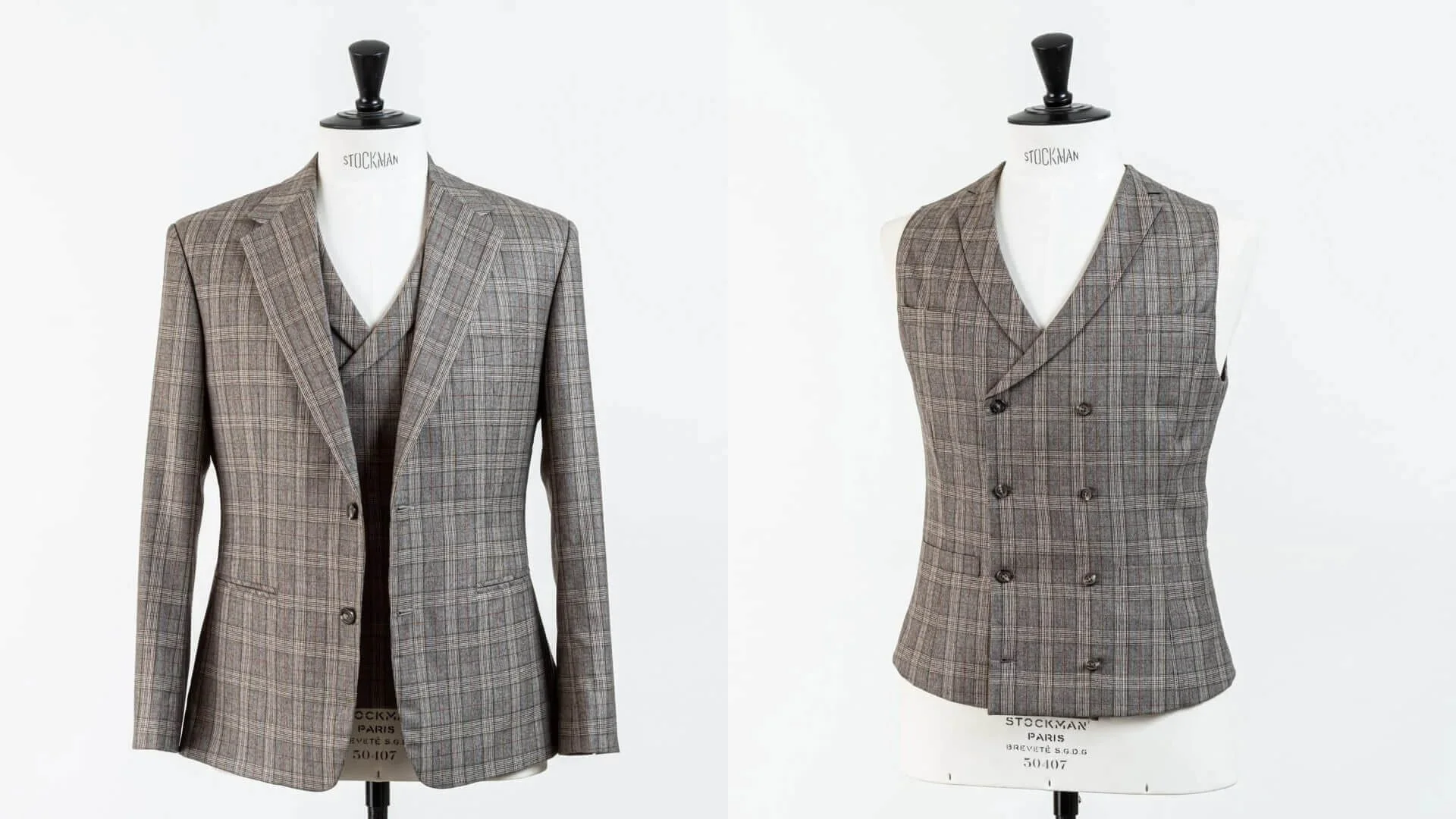 Driedelig trouwpak op maat – colbert met gilet en gilet alleen, ruit bruin-tabak