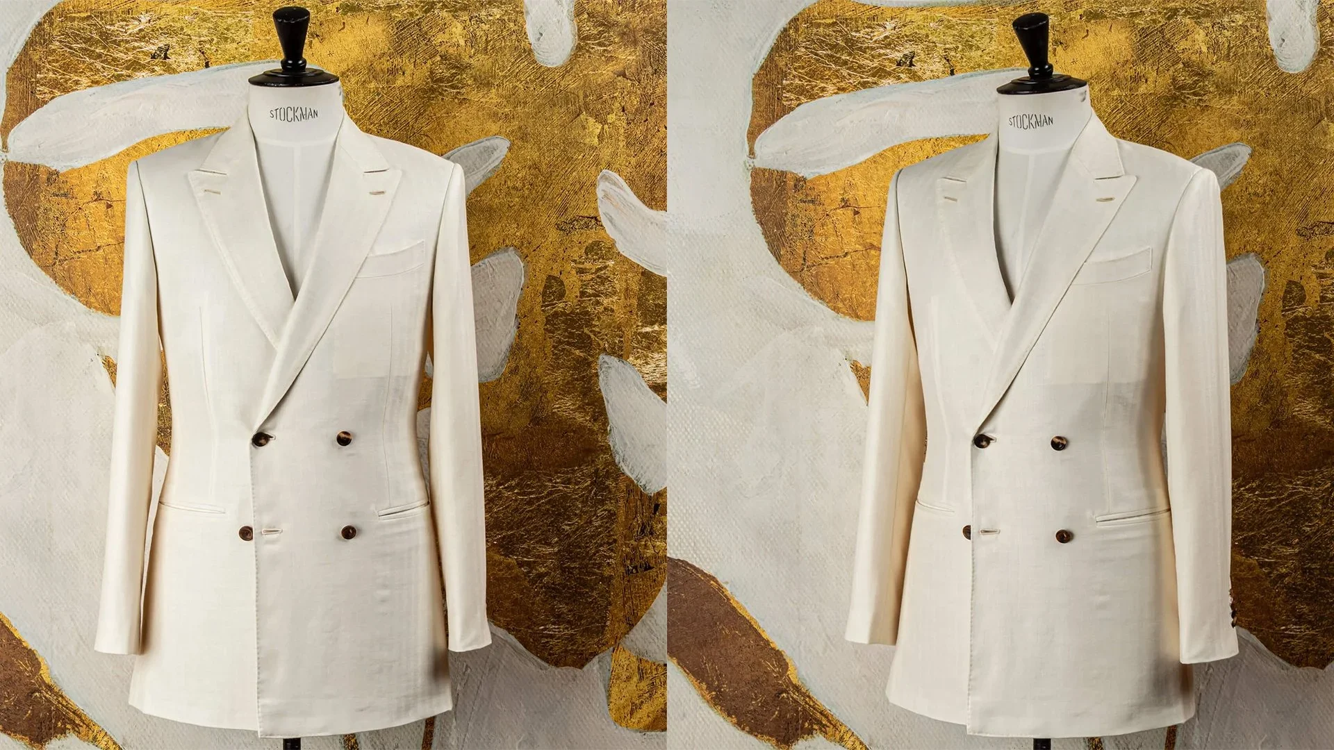 Trouwpak off-white double-breasted in wol-linnen-zijde blend van Caccioppoli, handgemaakt door De Oost Bespoke Tailoring Amsterdam