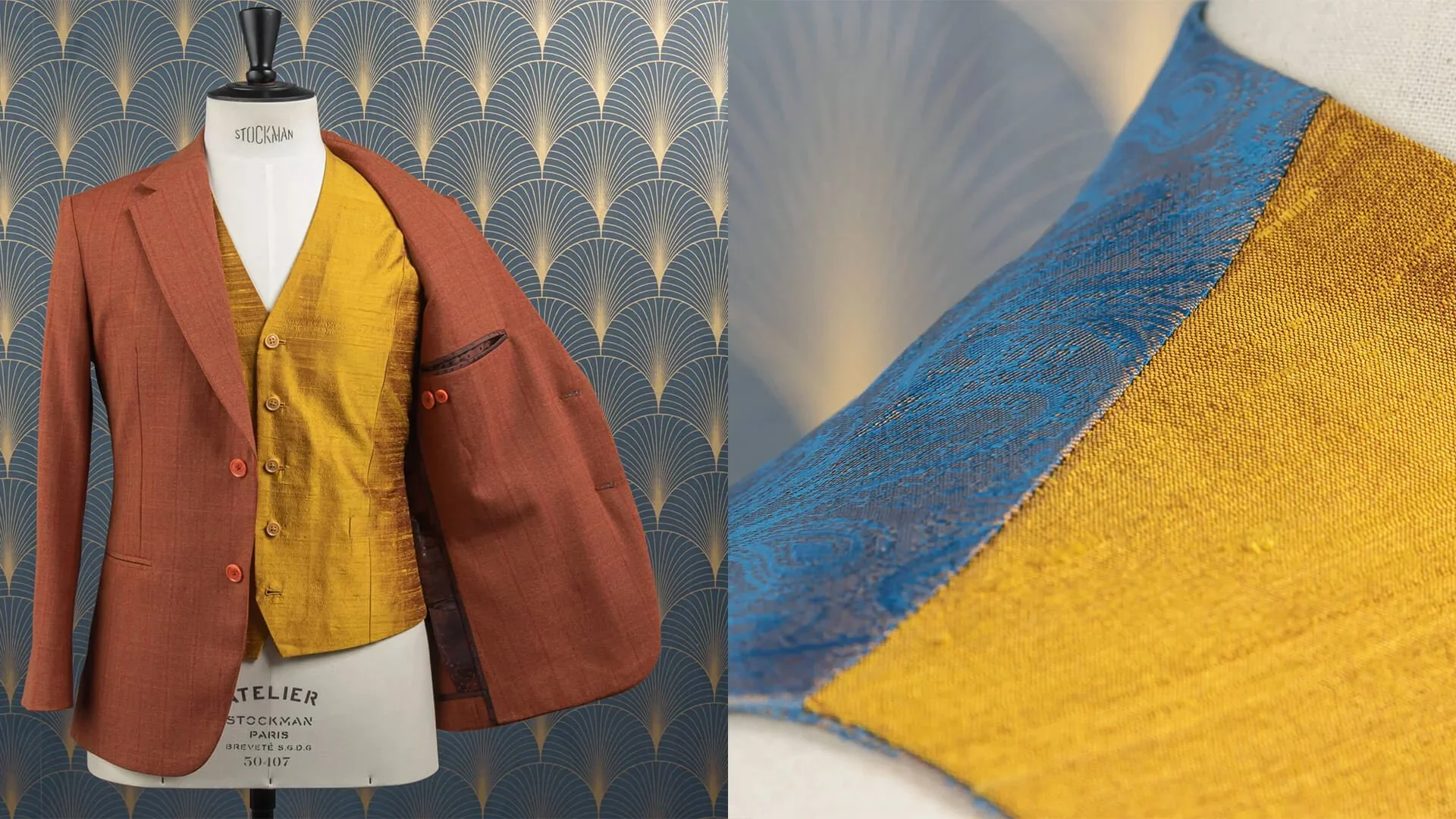 Driedelig trouwpak op maat in burnt orange wol met gouden dupioni zijden gilet, getoond op Stockman kleermakersbuste met detail van wol en zijde stofstalen, De Oost bespoke tailoring Amsterdam