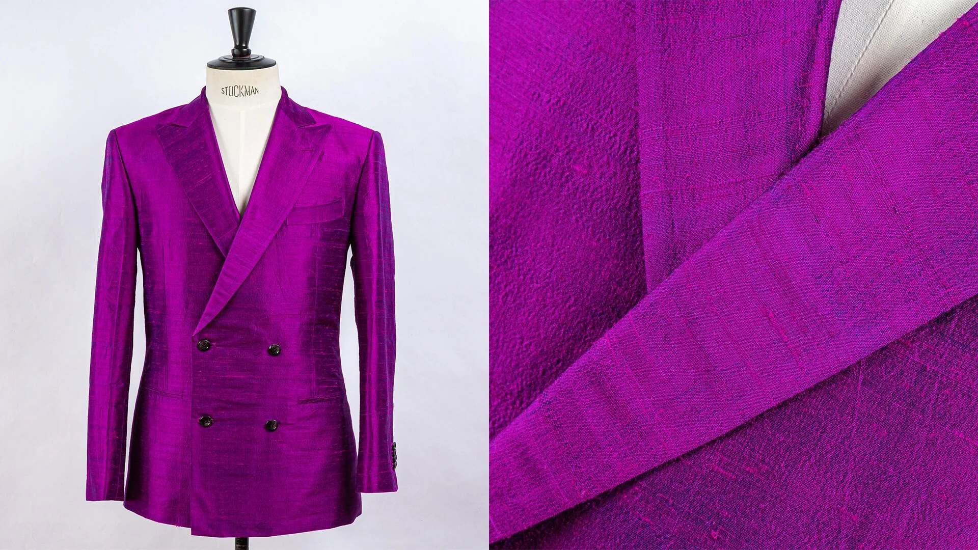 Double-breasted dinnerjacket in violet Dupioni zijde van Holland & Sherry, 335 gram, met opgesneden revers, rechte zakken en kissing buttons, naast een close-up van de natuurlijke textuur van de gesponnen zijde, trouwpak op maat