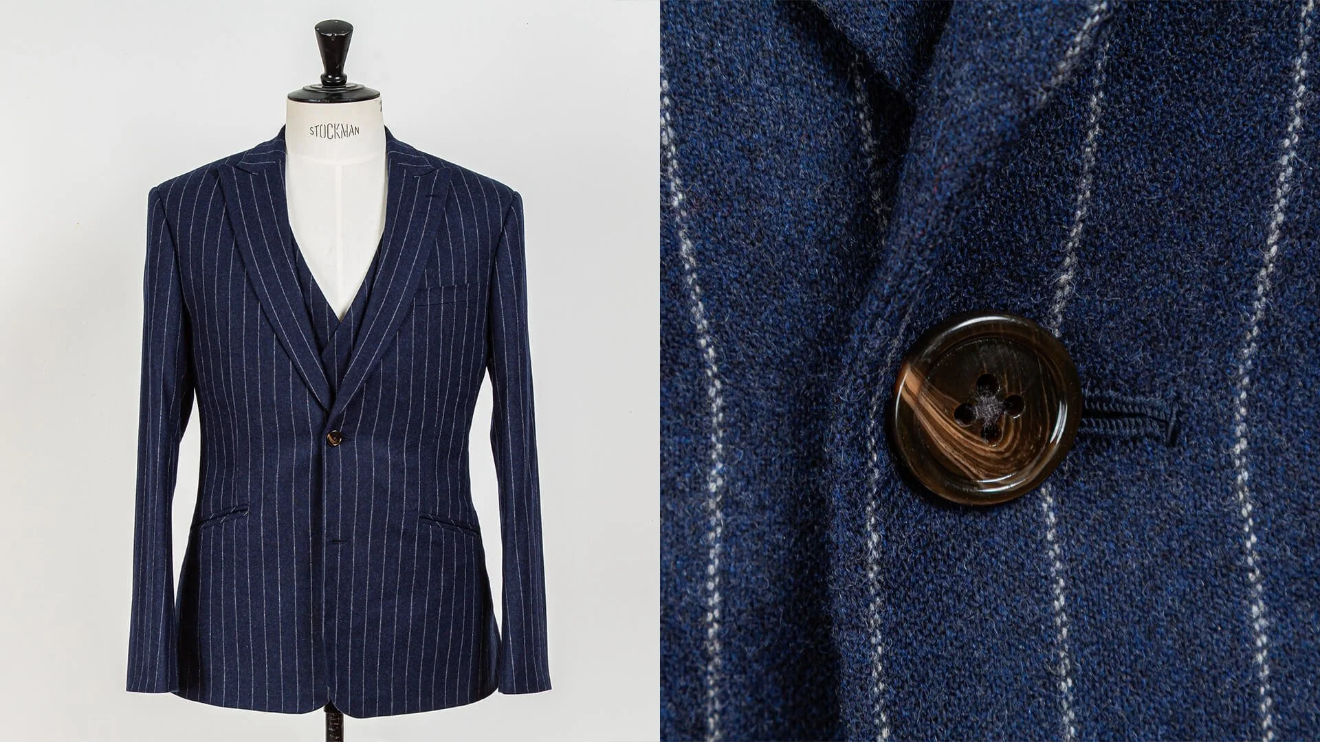 Driedelig navy krijtstreep trouwpak in wol-kasjmier flannel van Holland & Sherry met asymmetrisch gilet en bruine hoornen knoop, totaaloverzicht en stofdetail