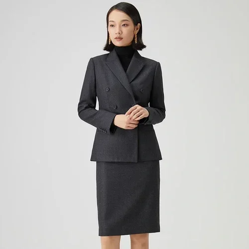 Zwart mantelpak dames - double breasted colbert met rok