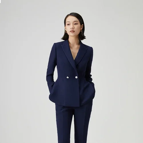 Navy pak vrouw - double breasted broekpak zakelijk