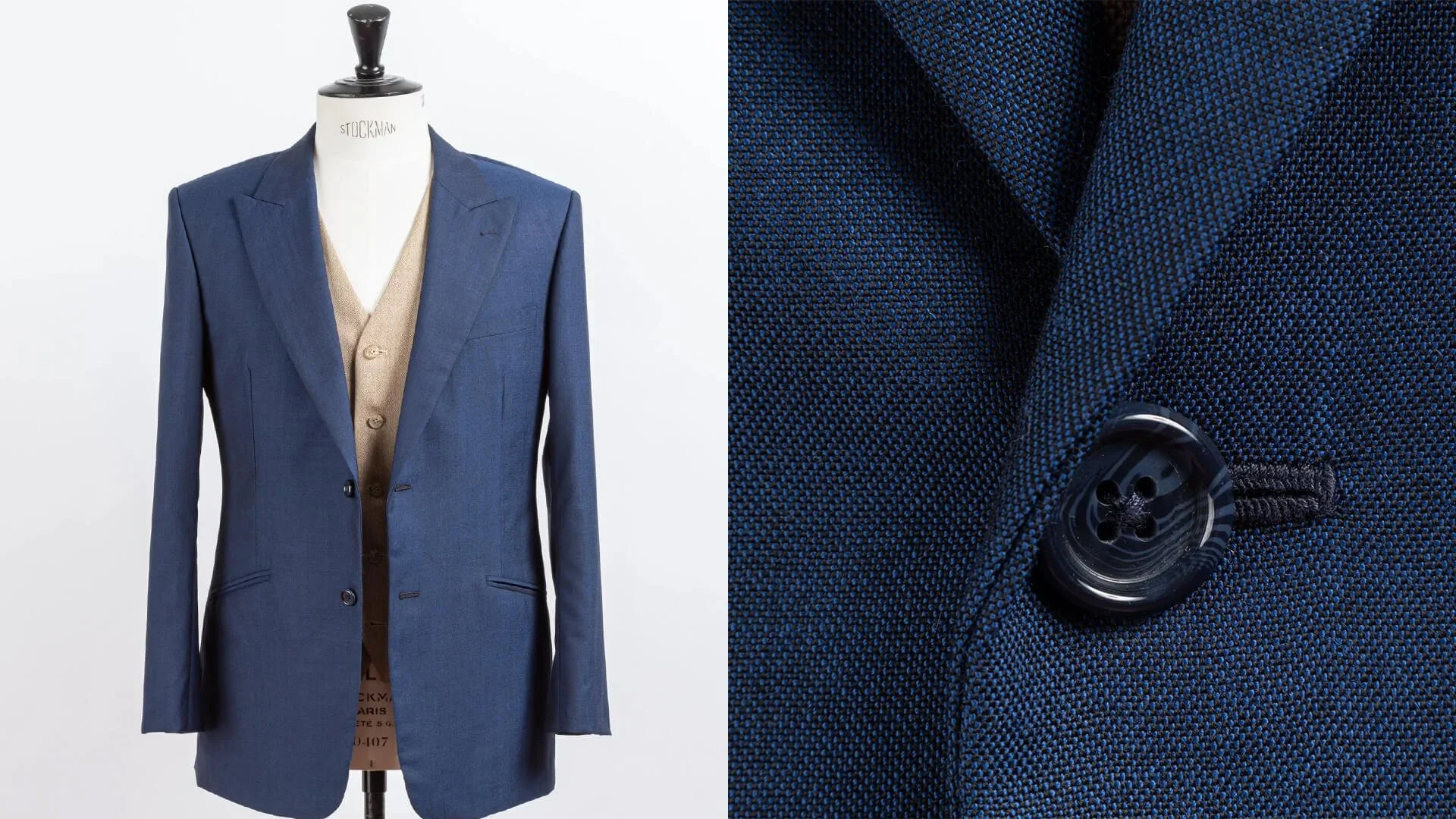 Tweeluik van een donkerblauw colbert met punt revers en zandkleurig gilet op maat, en een close-up van de donkerblauwe knoop met handgemaakt knoopsgat in de open weefstructuur van Merinowol Airesco van Holland & Sherry, 3-delig trouwpak op maat