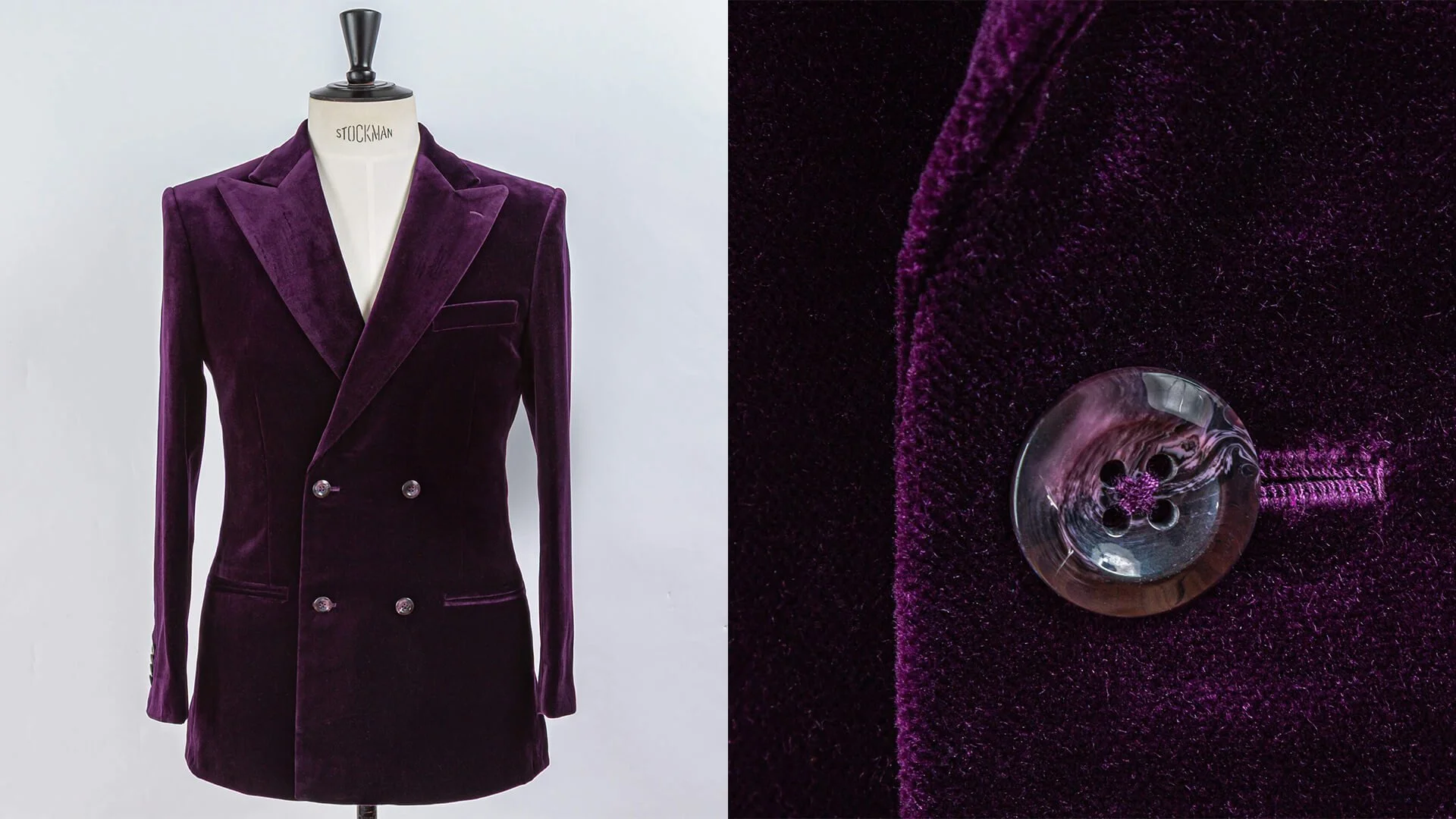 Double breasted dinner jacket op maat in donkerpaars velours van Holland & Sherry, 380 gram, met vooraanzicht van het volledige jasje met opgesneden revers en vier knopen naast een close-up van een onbeklede knoop met handgemaakt knoopsgat
