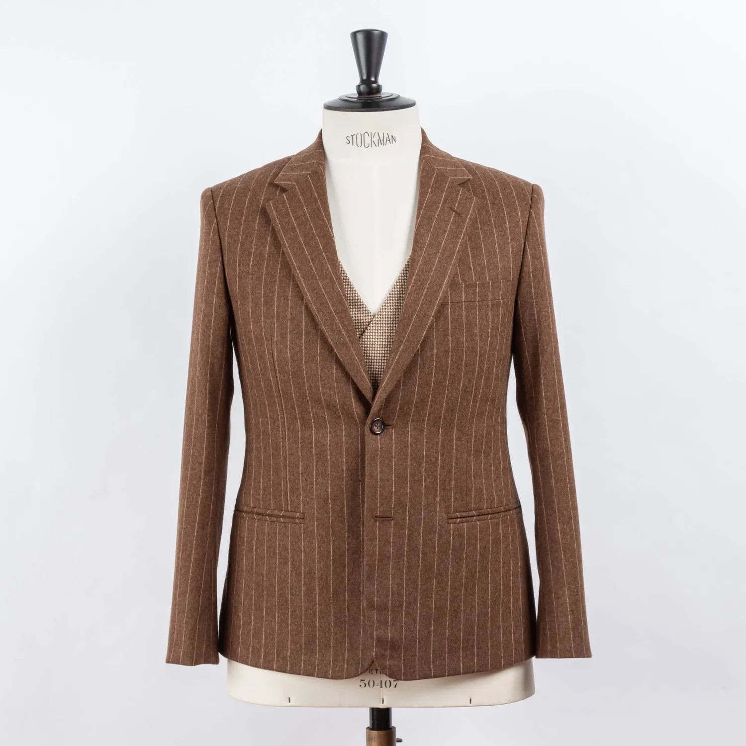 Bruin krijtstreep trouwpak heren in flanel met beige pied-de-poule gilet - klassiek bruidegom pak op maat