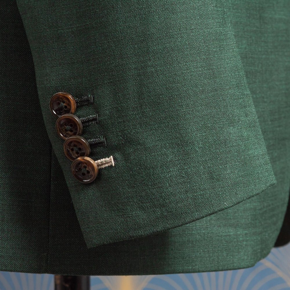 Trouwpak+3+Delig+Saffier+Groen+Merino+Wol+met+Light+Sand+Herringbone+Tweed+Gilet 25.jpg