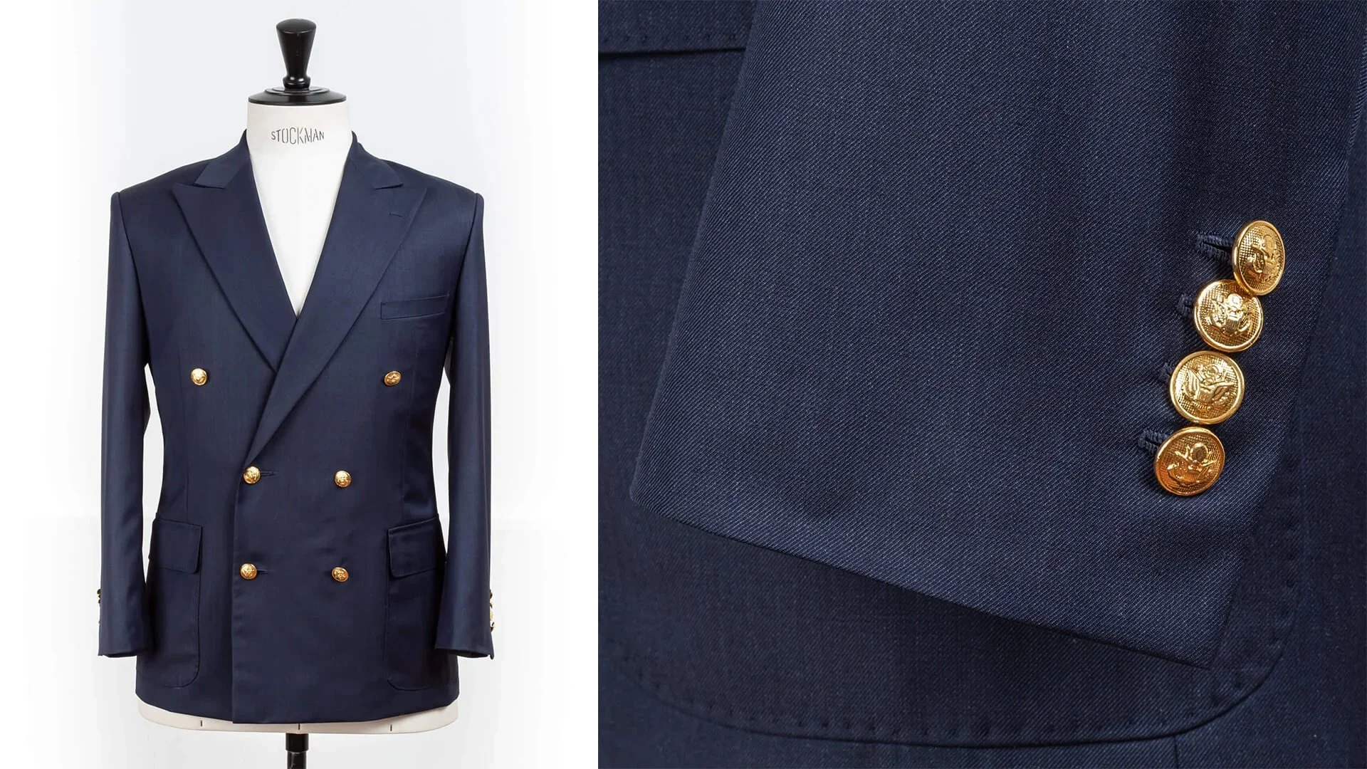 Navy blauwe double-breasted blazer van 410 grams wollen whipcord met gouden knopen als trouwpak op maat, vooraanzicht en close-up van vier gouden mouwknopen op de mouw