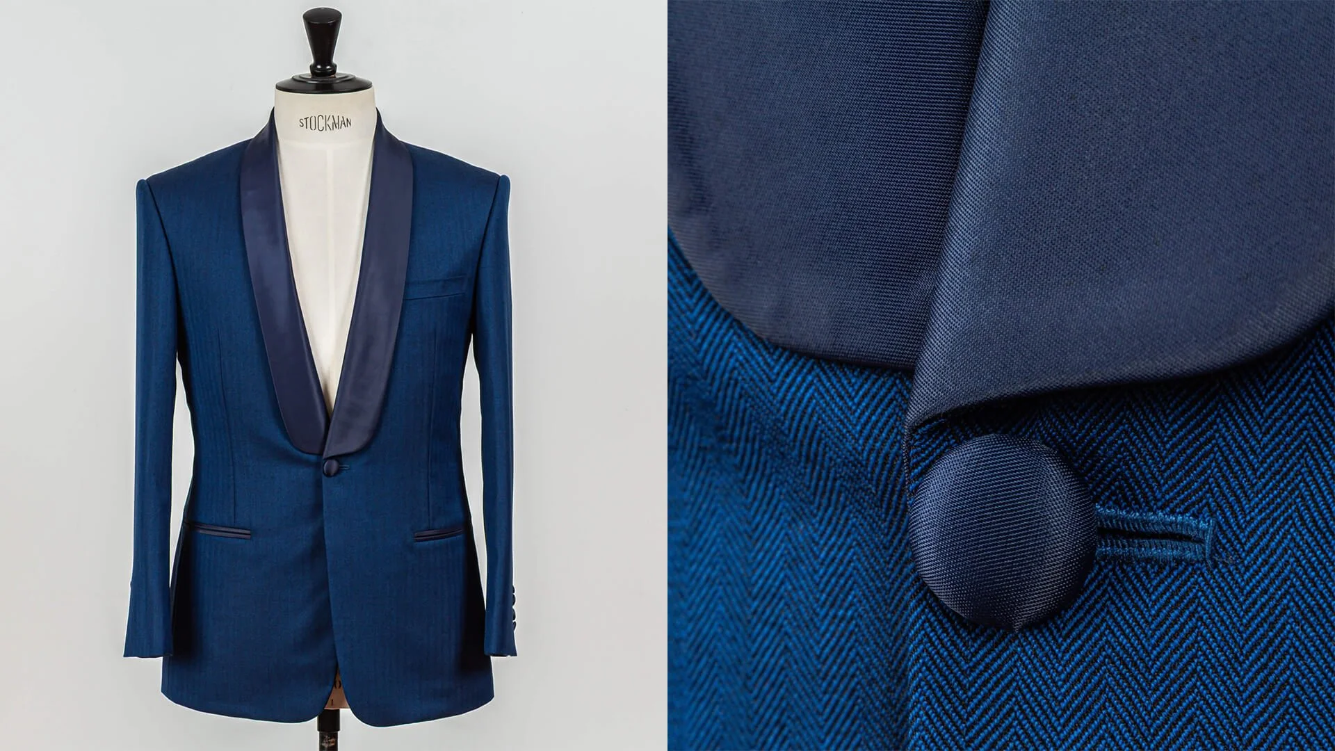 Shawl collar smokingjasje in royal blue visgraat wol van 370 gram met donkerblauwe zijden sjaalkraag en close-up van de overtrokken knoop en het visgraatmotief, trouwpak op maat