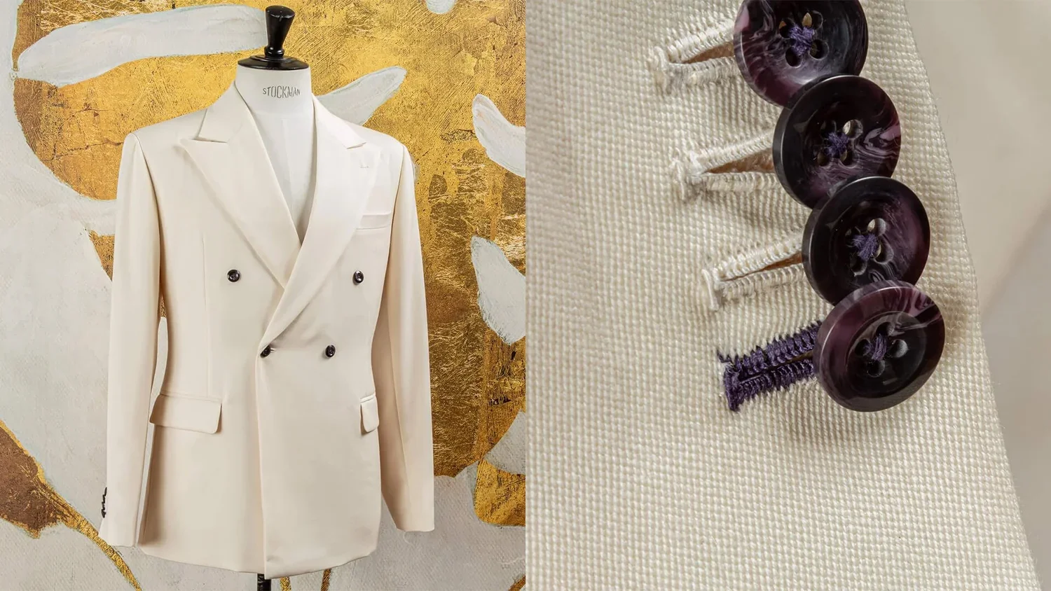 Tweeluik van een wit 4x1 double-breasted jasje in barathea met peak lapels en donkere knopen, en een close-up van vier mouwknopen met paarse nerf en handgemaakt paars knoopsgat, trouwpak op maat in Holland & Sherry Black Tie barathea van 370 gram