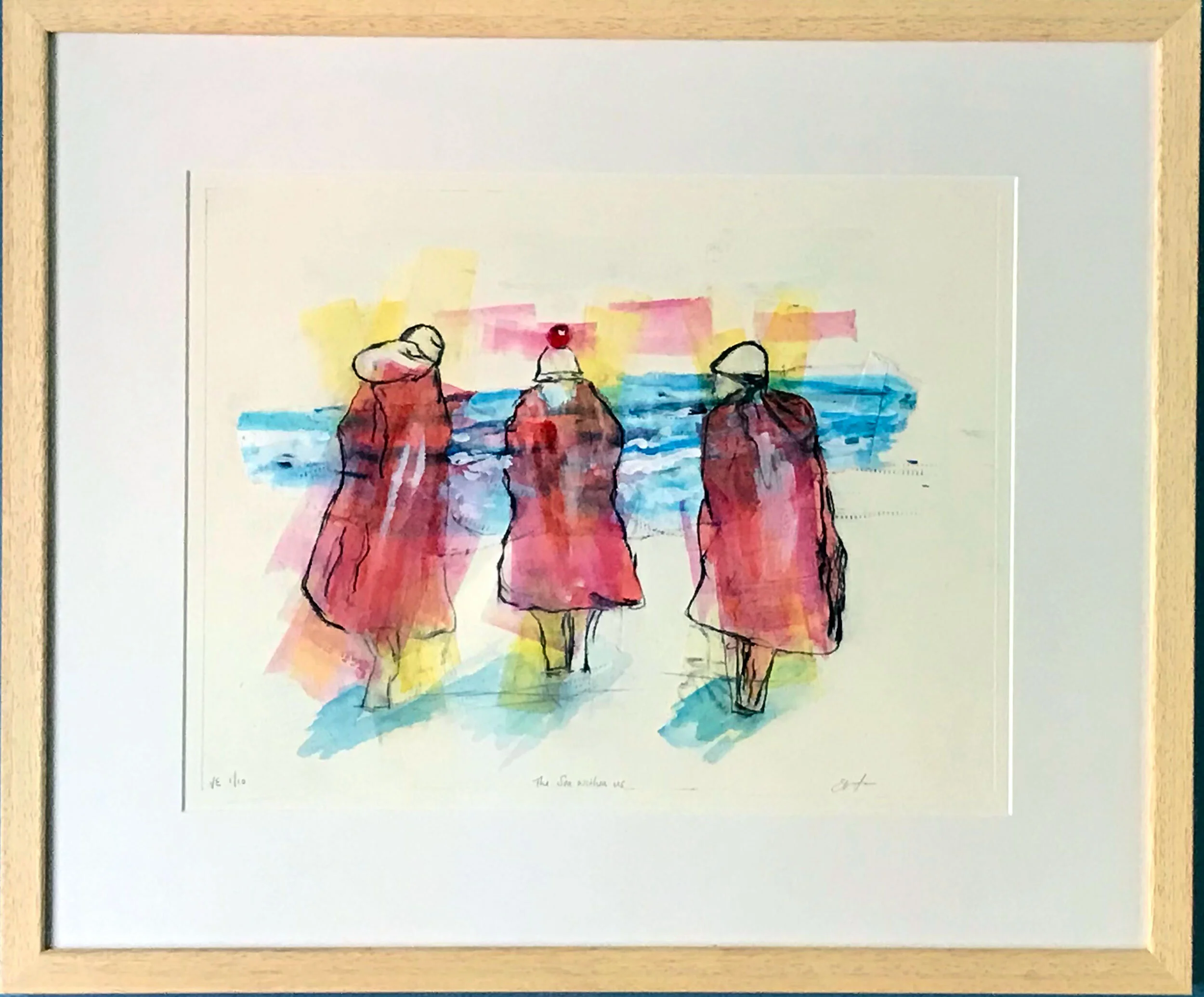 Drypoint etching with monoprint  65 x 50 cm Socially distanced swimmers on the beach post swim, with the sea coursing through their veins. After a swim I always feel like the sea stays with me for the rest of the day, which accounts for my improved mood and energy. This print was inspired by a winter swim on Coldingham beach last year.