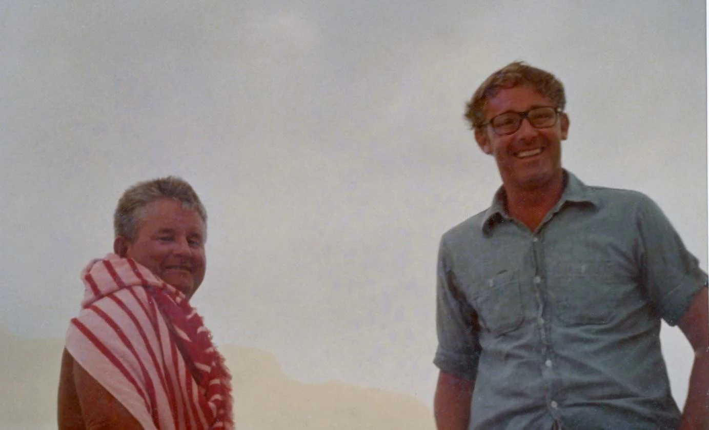 Teddy with Peter during filming of The Deep