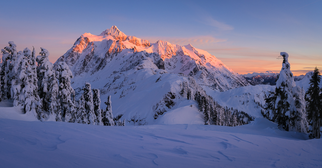 Alpenglow on Shuksan. Bacon is visible to the right of Shuksan.