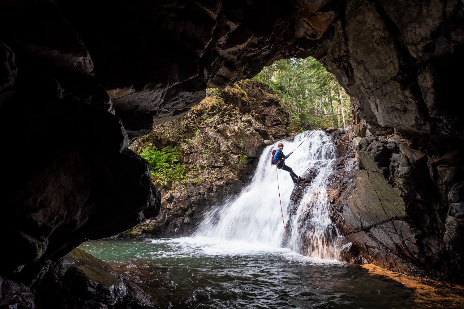 Becca on the first rappel in Snoqualmie River