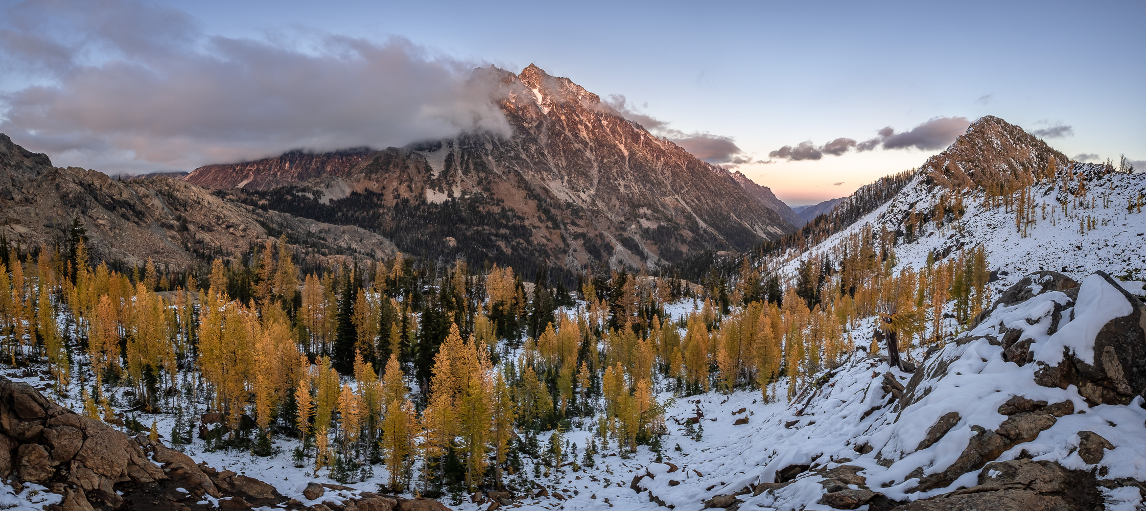  Fresh snow, golden larches, and evening light on Mount Stuart from below Ingalls Pass. 