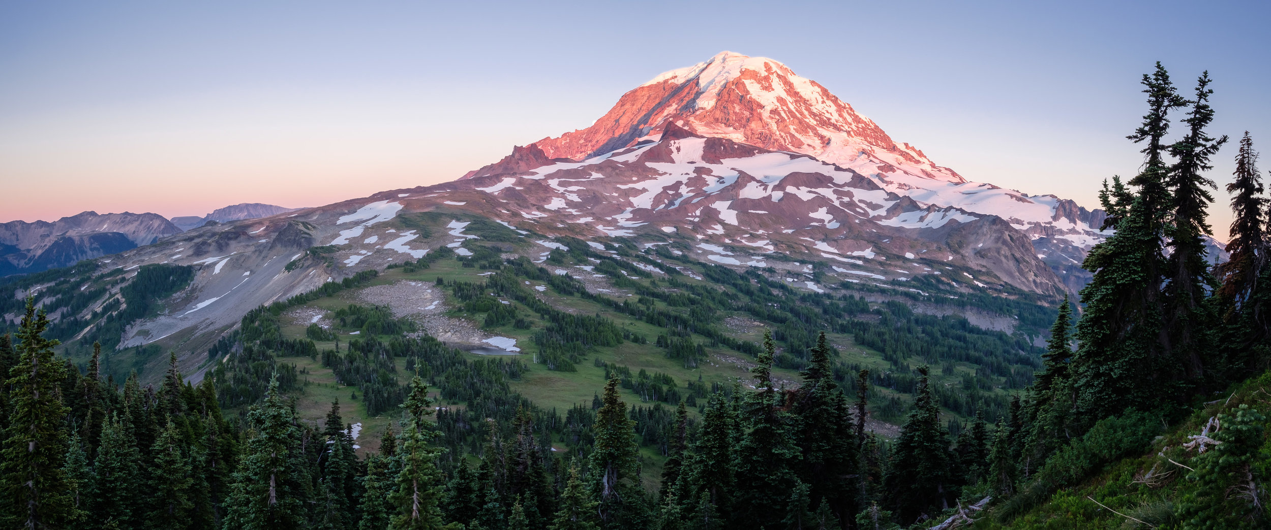  Rainier at sunset above Spray park, from the summit of Mount Pleasant 