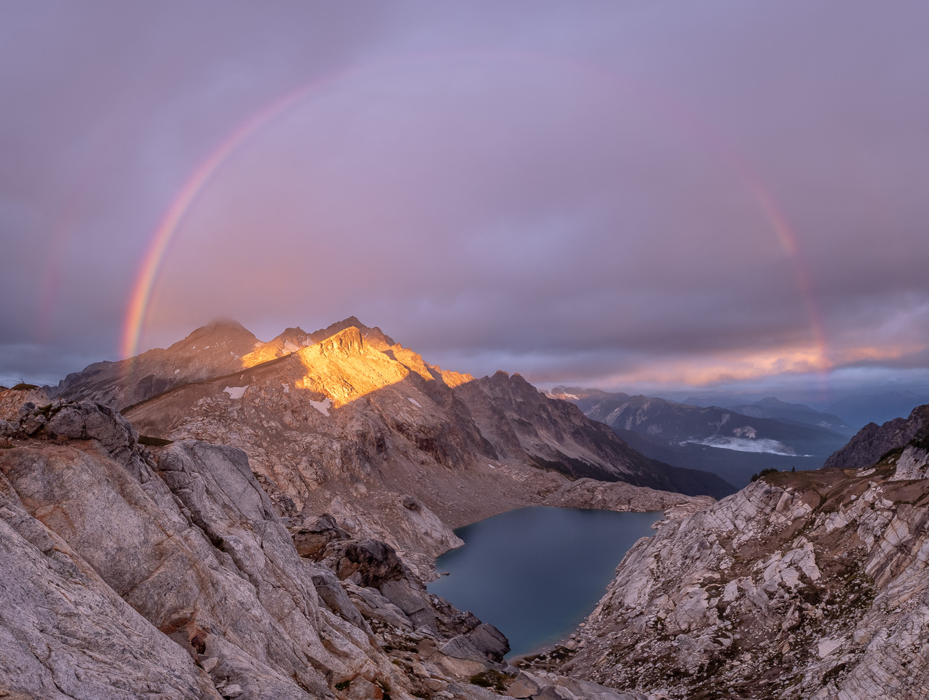  Napeequa Peak, Cirque Mountain, and Triad Lake at sunrise with rainbow. 