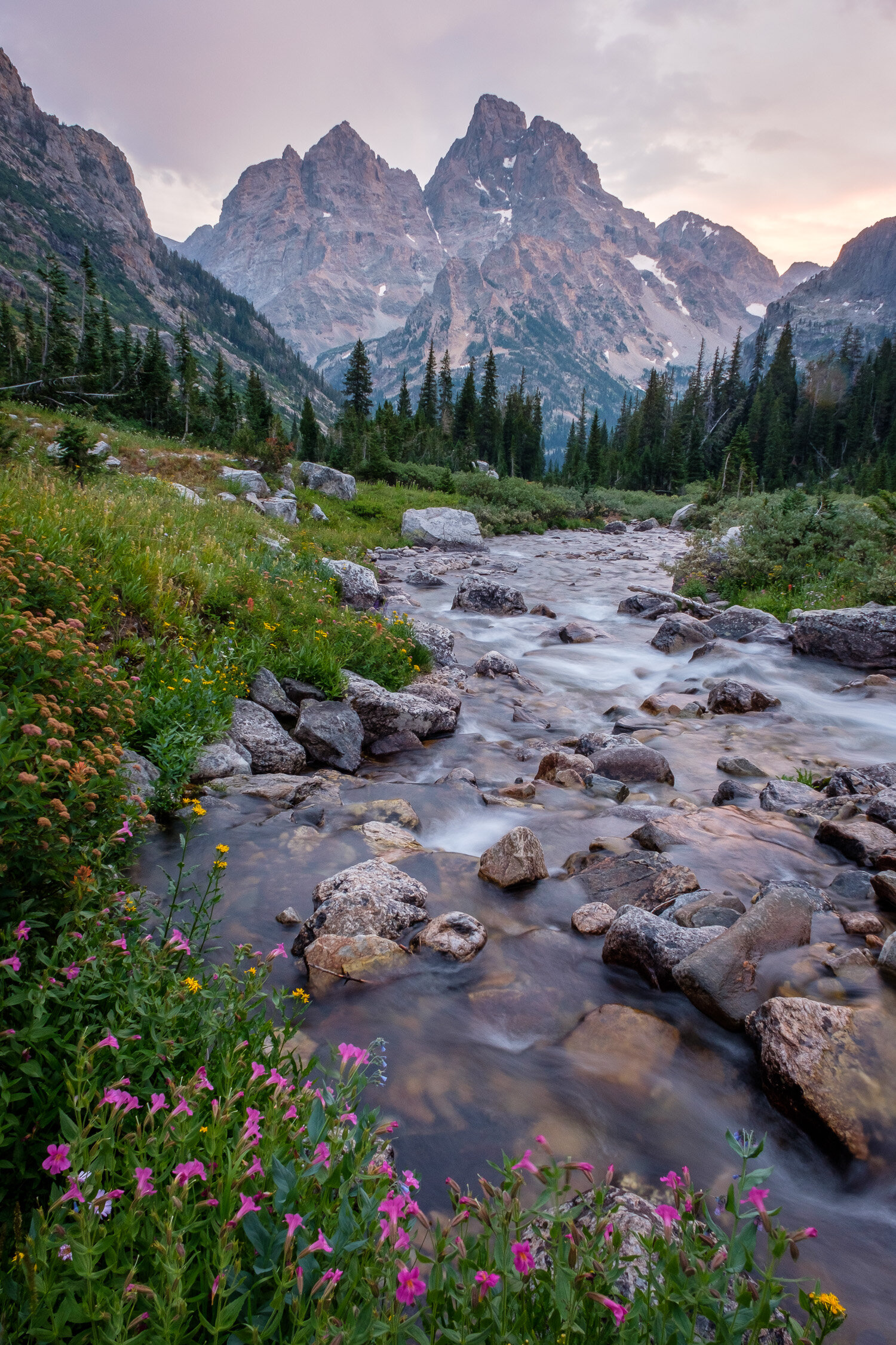  Mount Owen and the Grand Teton in a sunset rainstorm from North Cascade Canyon 