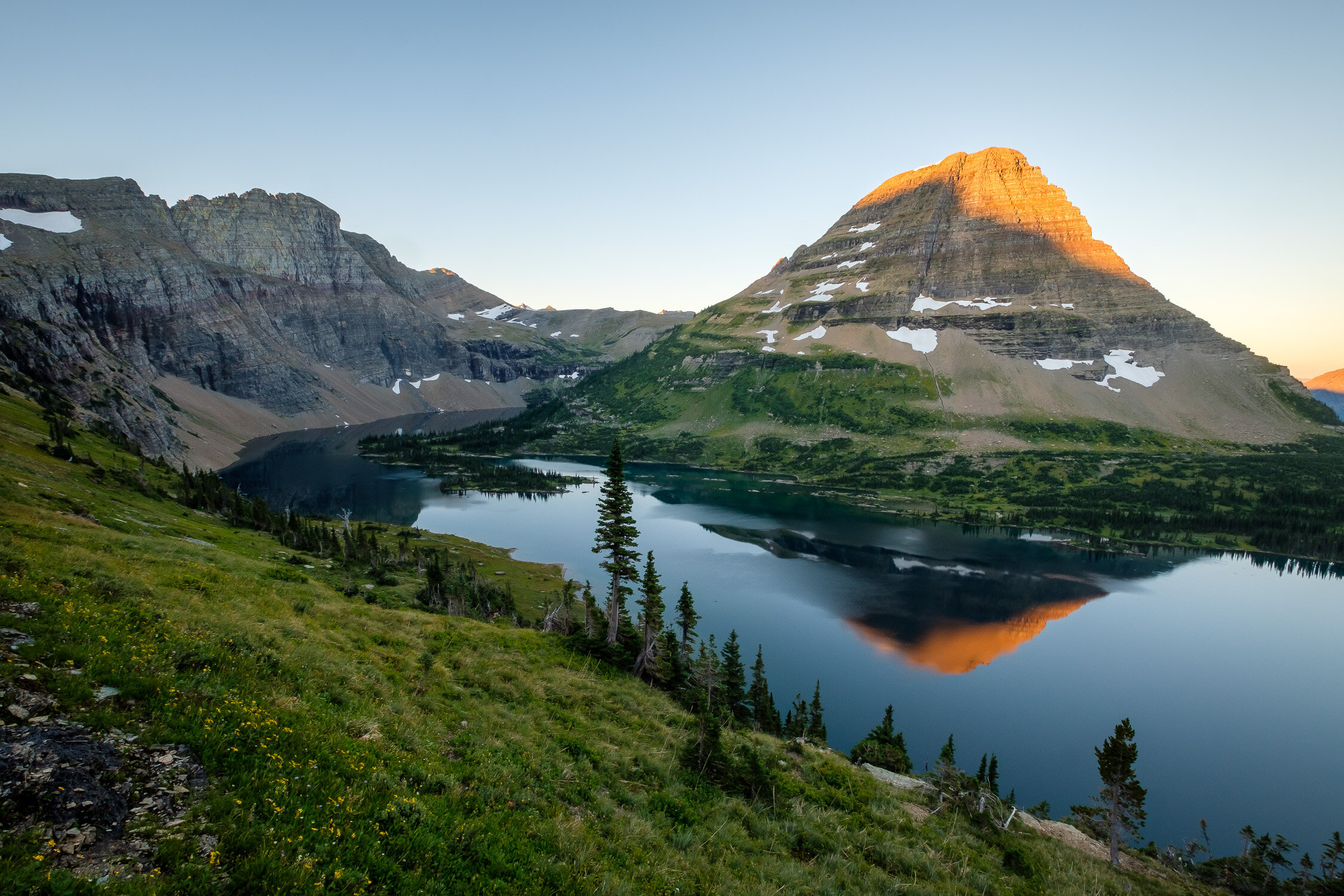  Sunrise on Bearhat Mountain and Hidden Lake, Glacier National Park, Montana, August 2020. 