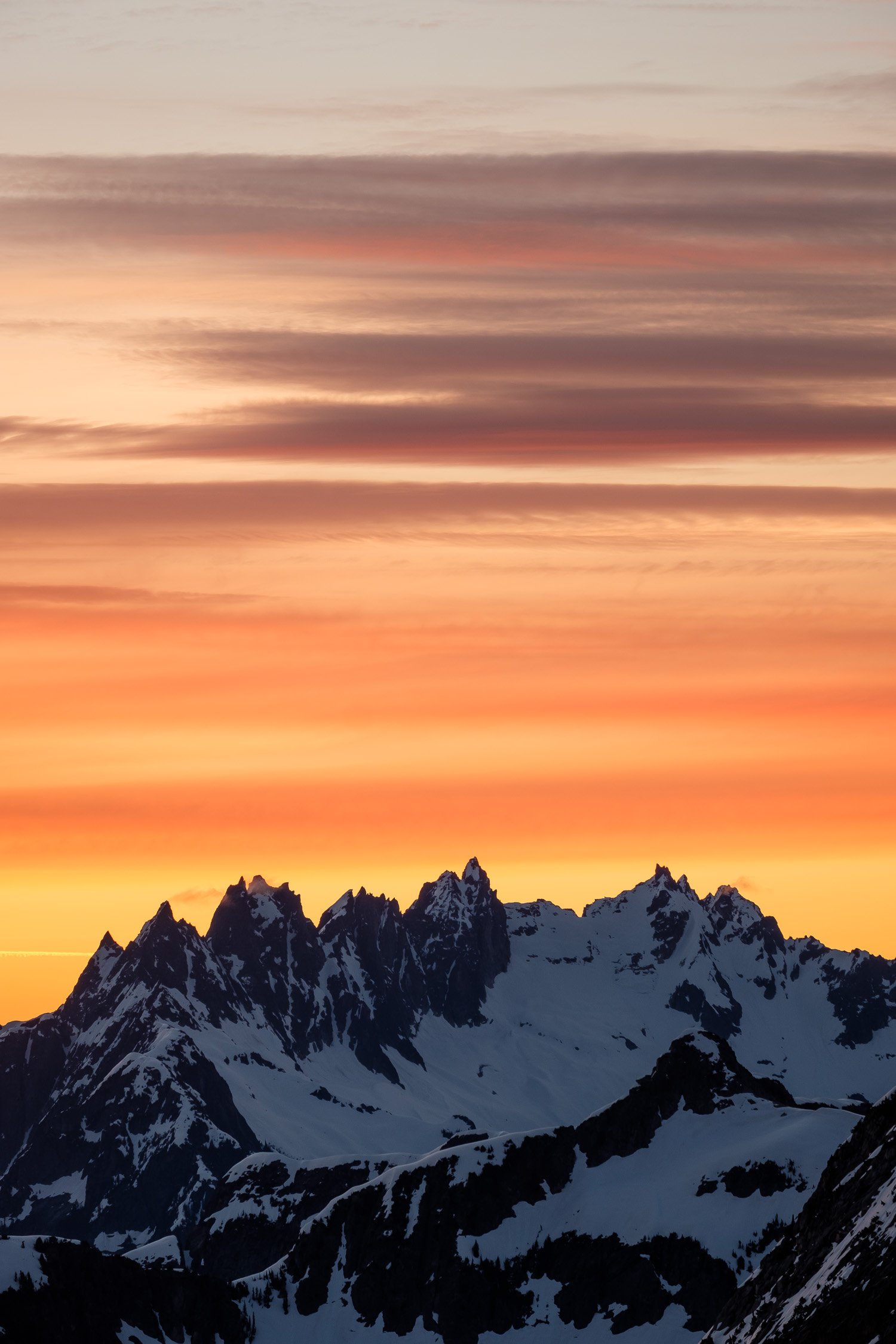  Sunrise over the spectacular southern Picekts, including Terror and Degenhart, taken in the middle of a solo four day ski traverse of some remote parts of North Cascades National Park. 