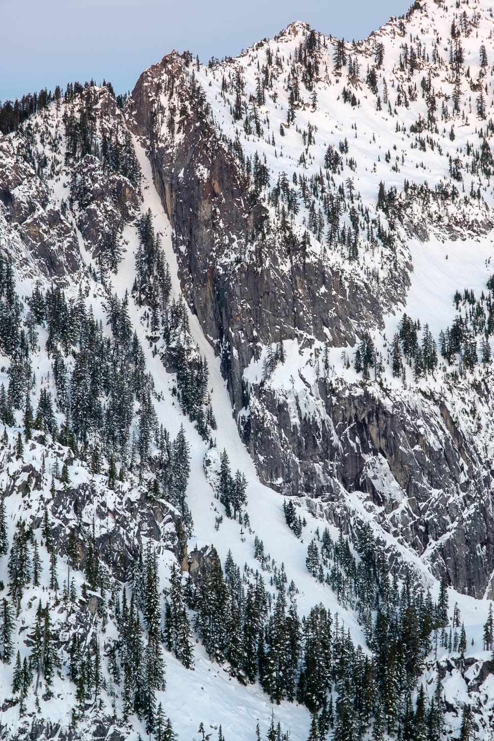  Our objective: The Preacher Mountain coloir, which drops to the east of the South Ridge of Preacher Mountain from a notch on the South Ridge about 1/3 of a mile south of the summit. 