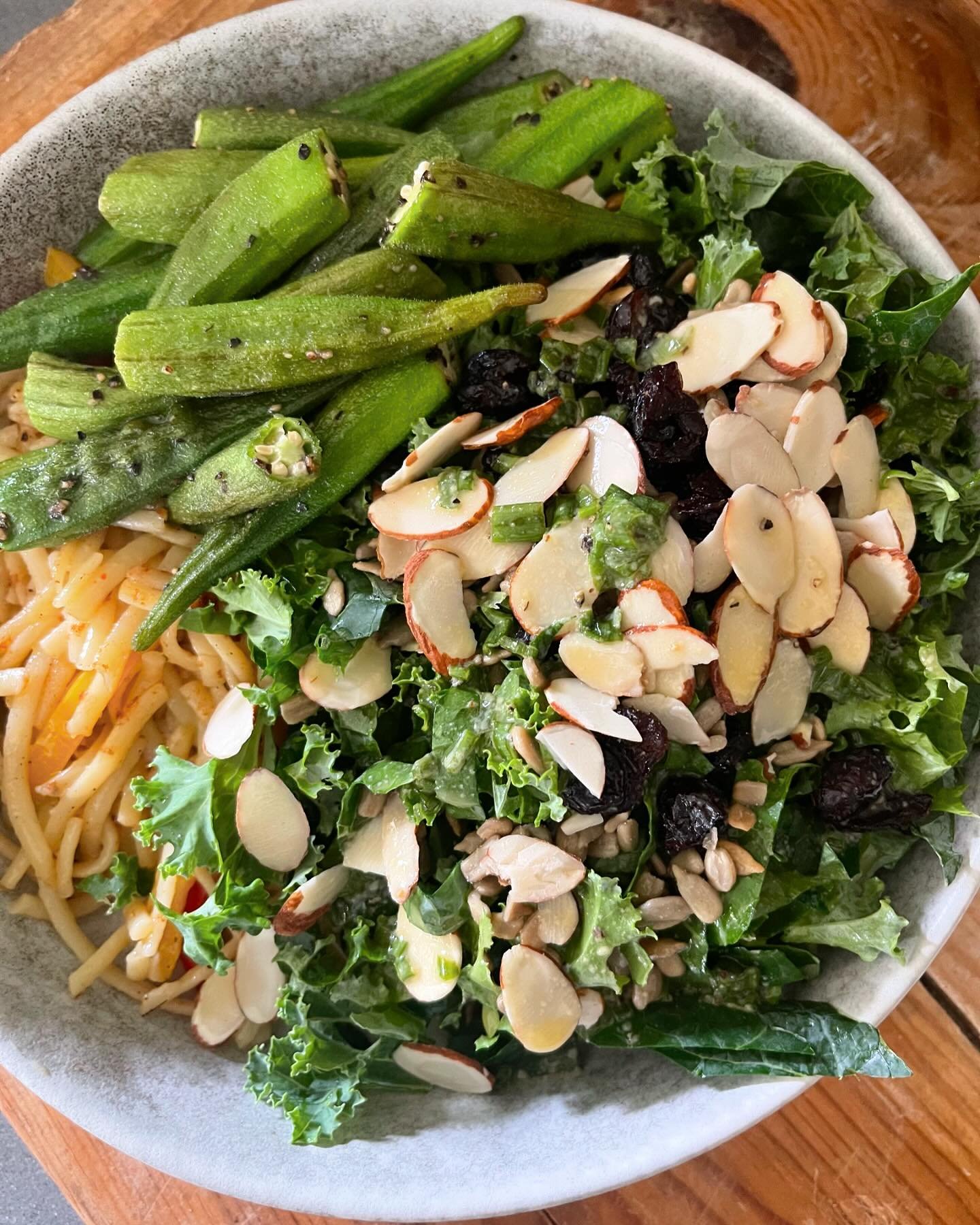 Leftover Cajun Shrimp Pasta recipe @spoonforkbacon 

Seared Okra with Salt and Cracked Pepper. 

My first Kale Salad out of my Garden with Cranberries, Sunflower Seeds and Slice Almonds. 

Julia Childs Vinaigrette Salad Dressing Recipe ~ 

1/2 Tables