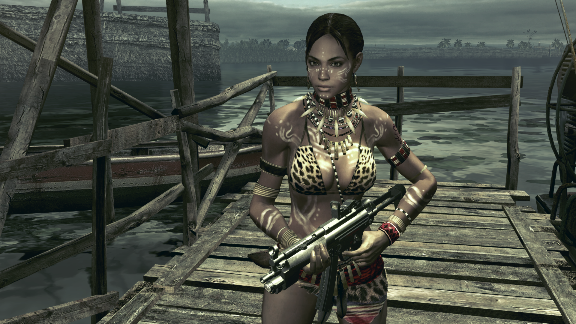 via wikia.net Sheva: main character from Resident Evil V as represented in one of her DLC "costumes." While her main outfit is not as exposing of her body, the adaptation of her "costumes" to develop her character further away from a practical standpoint to one of exploitation. It is important to note that her sexuality is further dependent on the Africana statement of her clothing, to designate her as a black woman. 