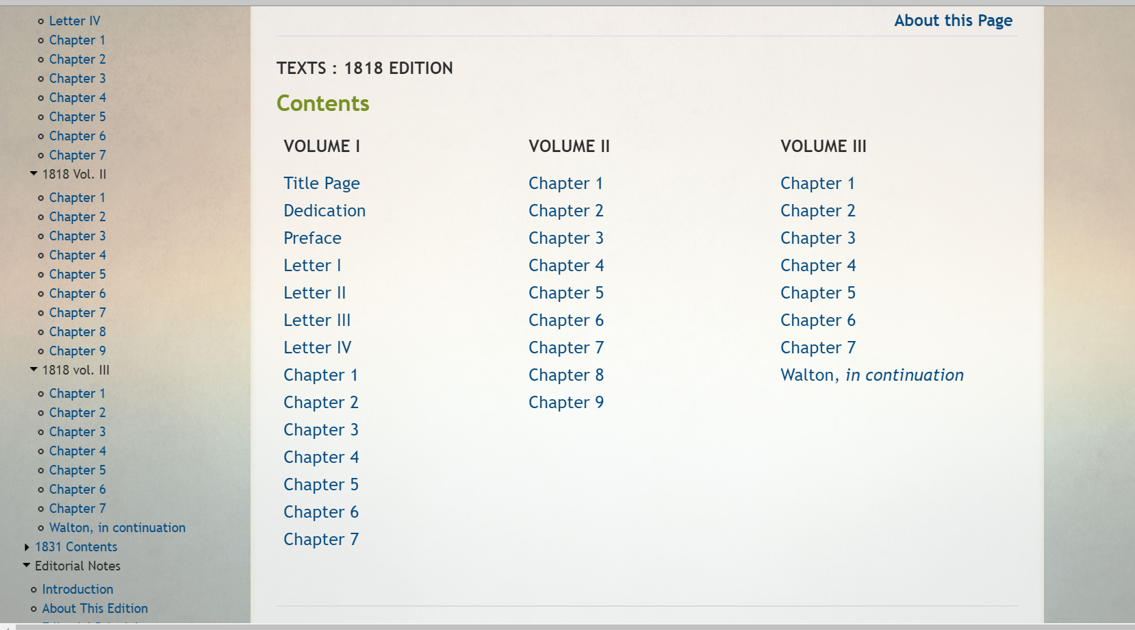 The breakdown of the 1818 text of Frankenstein via separated letters and chapters, with Walton , via Romantic Circles.