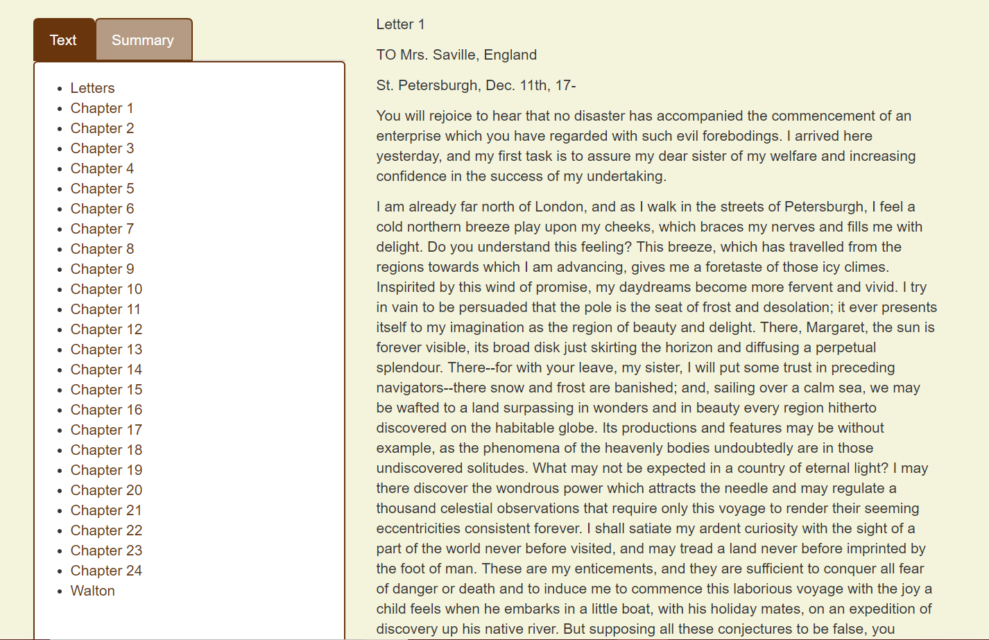 The breakdown of the 1818 text of Frankenstein separated by “Letters” and then individual chapters, with Walton , via The Literature Network.