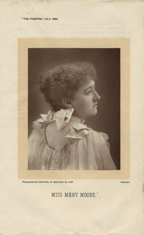 Ellis, Alfred. Mary Moore. The Theatre, 1 July, 1895. Original image 4 3/4” x 3 5/8”. Acquired 1946. Via NationalPortraitGallery.org.uk.