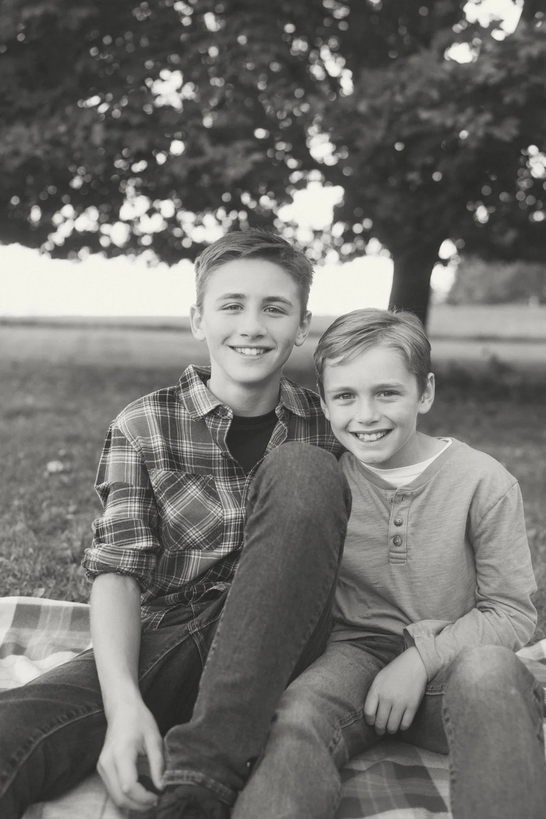 Two smiling boys sitting on a blanket outdoors with a large tree in the background.