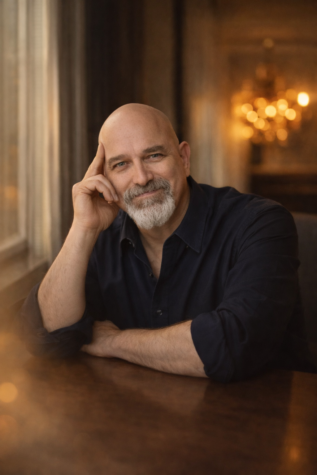 A middle-aged man with a bald head and gray beard, smiling confidently, resting his head on his hand, seated at a wooden table indoors with a warm, softly lit background.