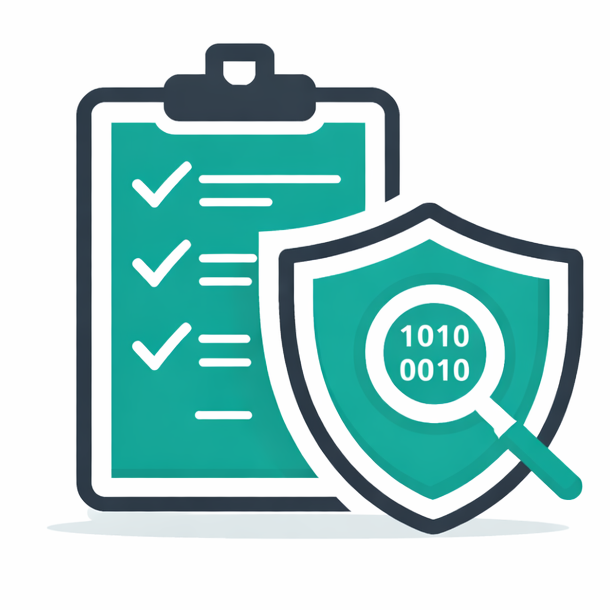 Icon of a clipboard with checkmarks and a shield with a magnifying glass and binary code, representing security and data protection.