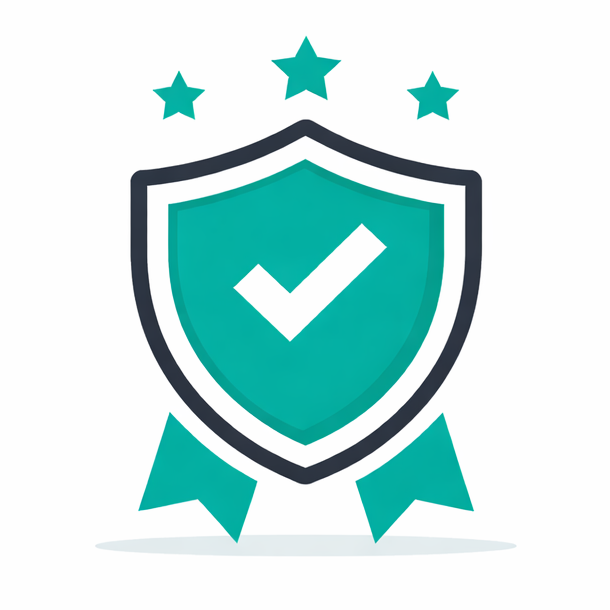 Illustration of a shield with a checkmark, three stars above, and ribbons below, representing security or protection.