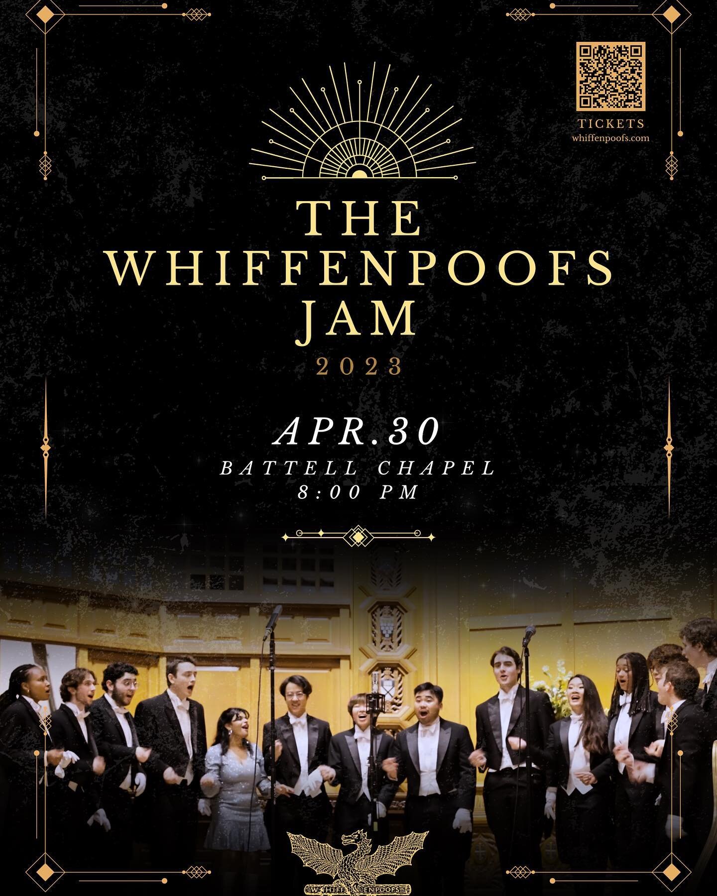 Ready for a marvelous night? 🌌

Just under two weeks left until The Whiffenpoofs Jam! Come catch the Whiffenpoofs of 2023 in our grand on-campus finale as we start to close out this wonderful year! Join the Whiffs for one last marvelous, miraculous,