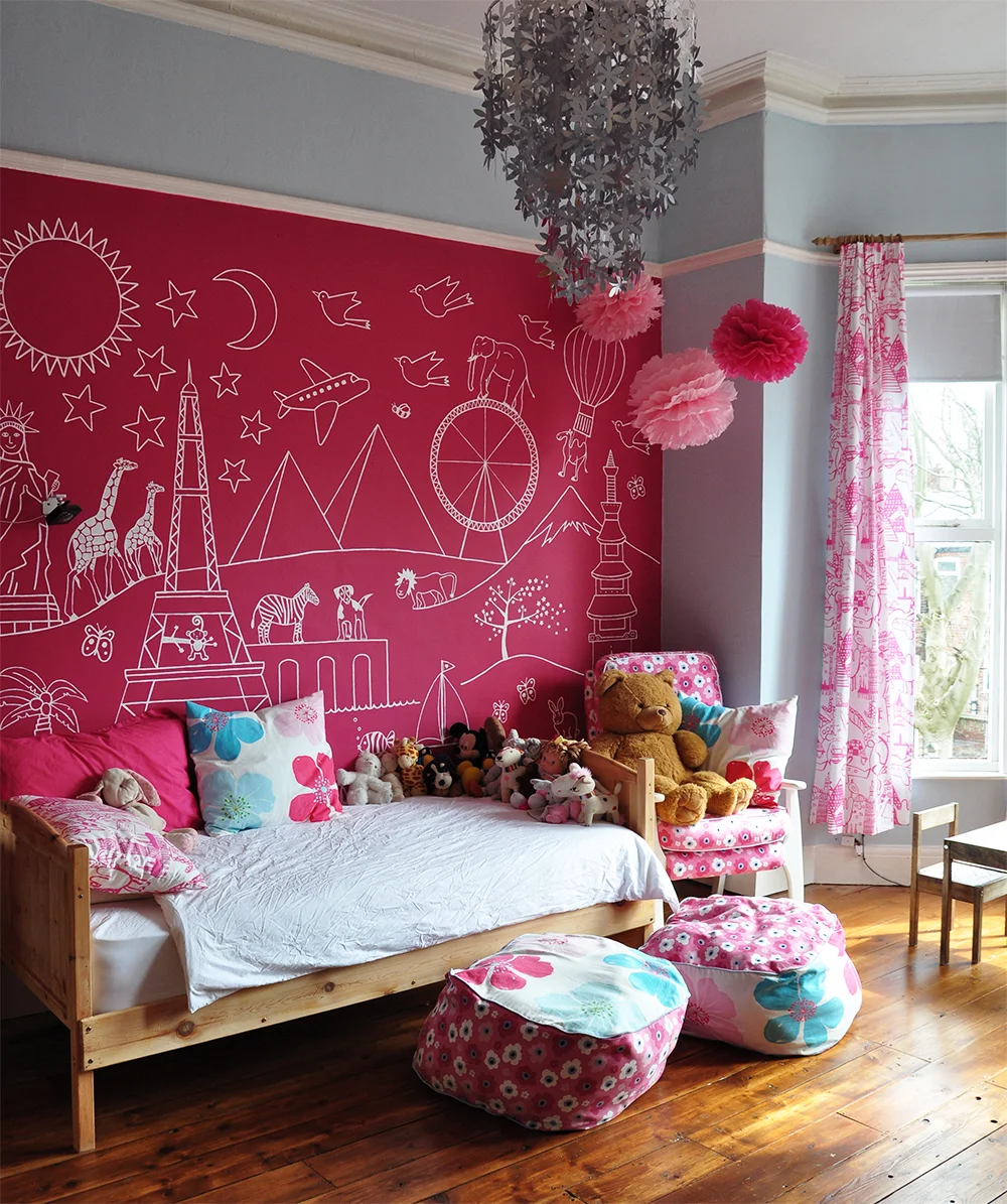 DIY mural, sanded and oiled floors, plastering, and decorating. 