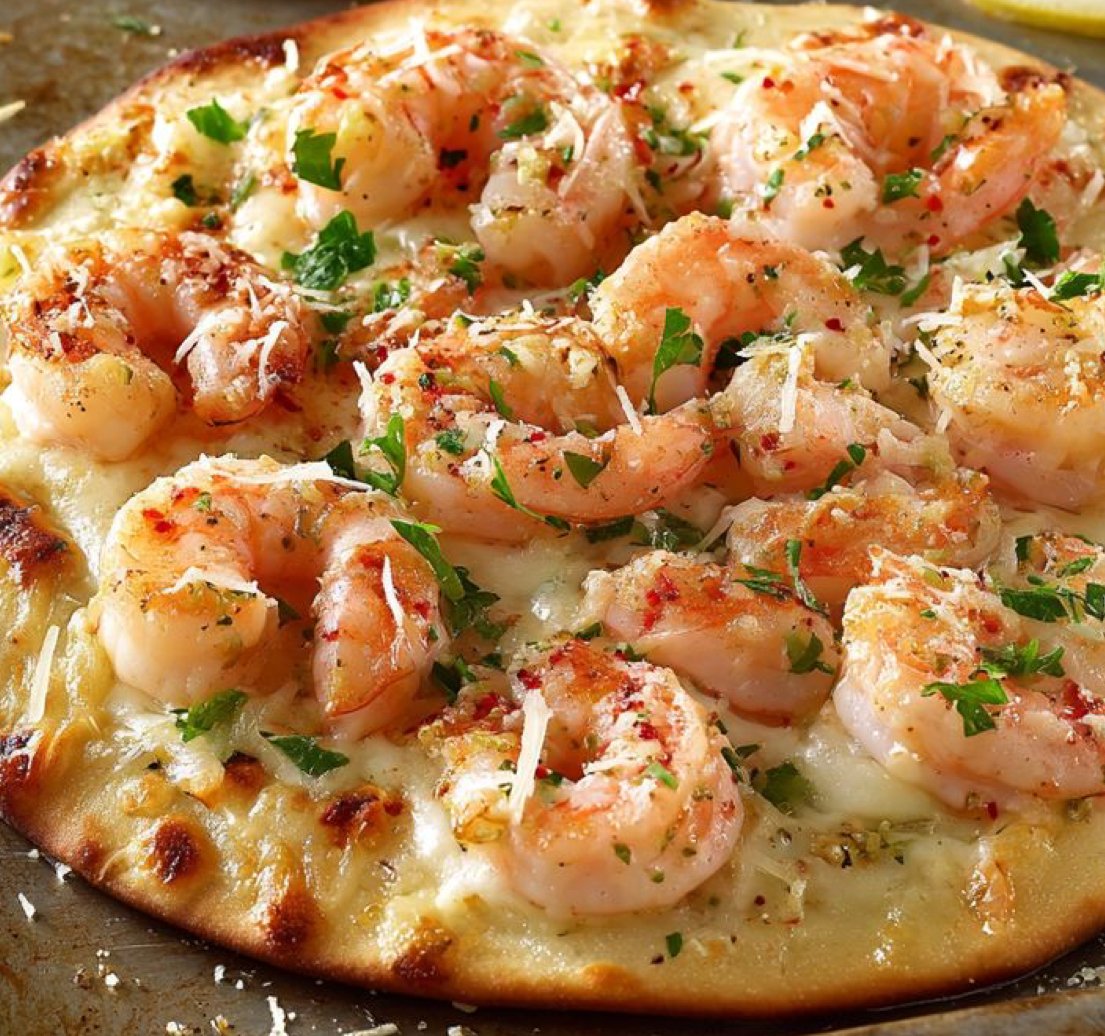 Sunday's Special is a Shrimp Scampi Flatbread Pizza with Arugula Salad