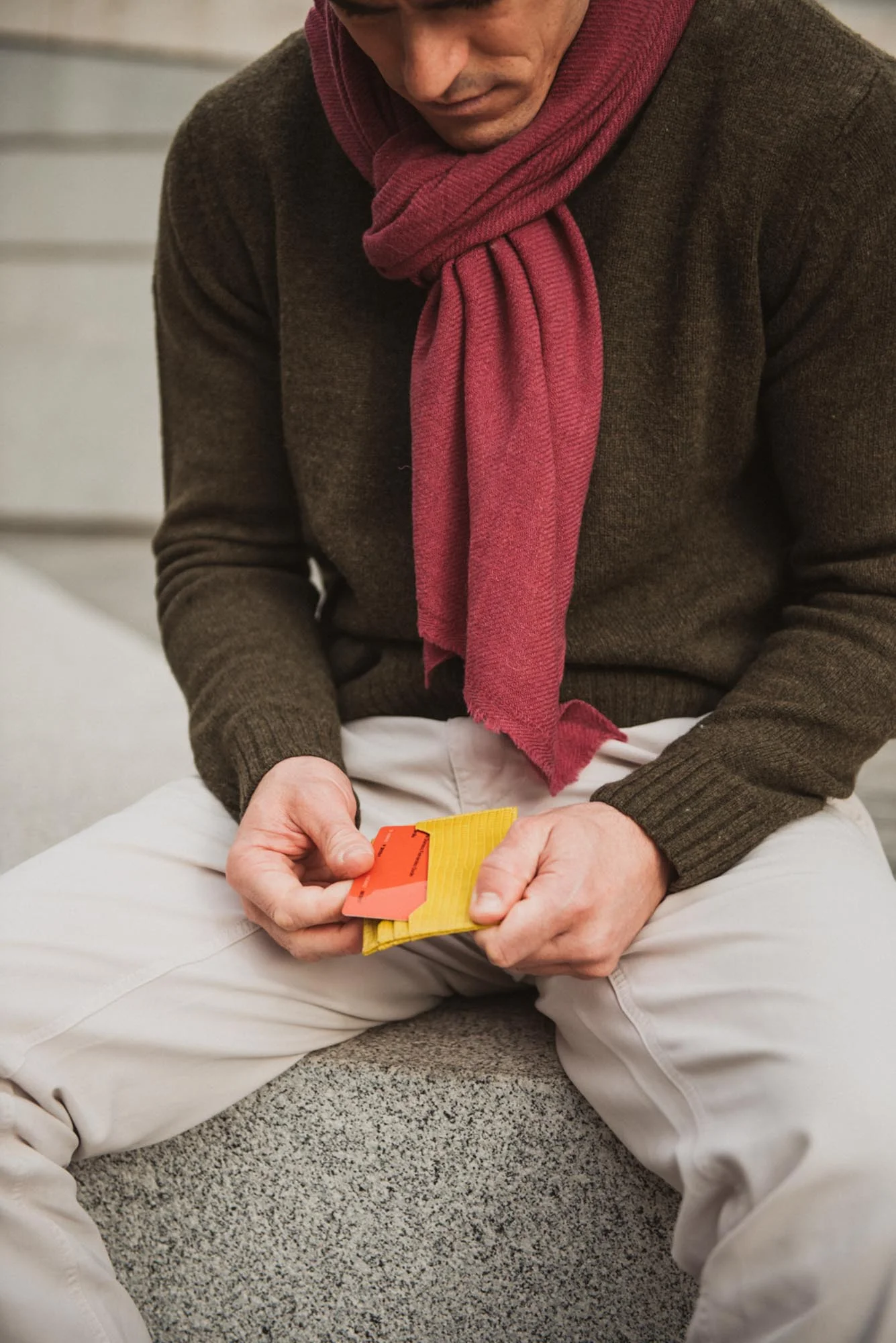 Yellow cardholder designed to carry six cards with style. Made with the most subtle durable lizard skin. From Mis Balinesas combined with pink pashmina scarf.