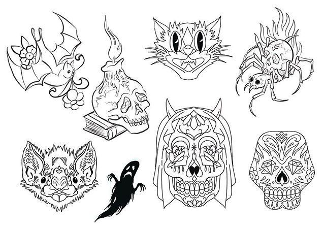 Last but not least Darren Halls Halloween sheet!!! Special Halloween prices til the end of the month!! #risingtidetattoo #tibetantattoo #americantraditional #japanesetattoo #traditionaltattoo #halloweentattoo #halloween #spooky #bouldertattoo #colora