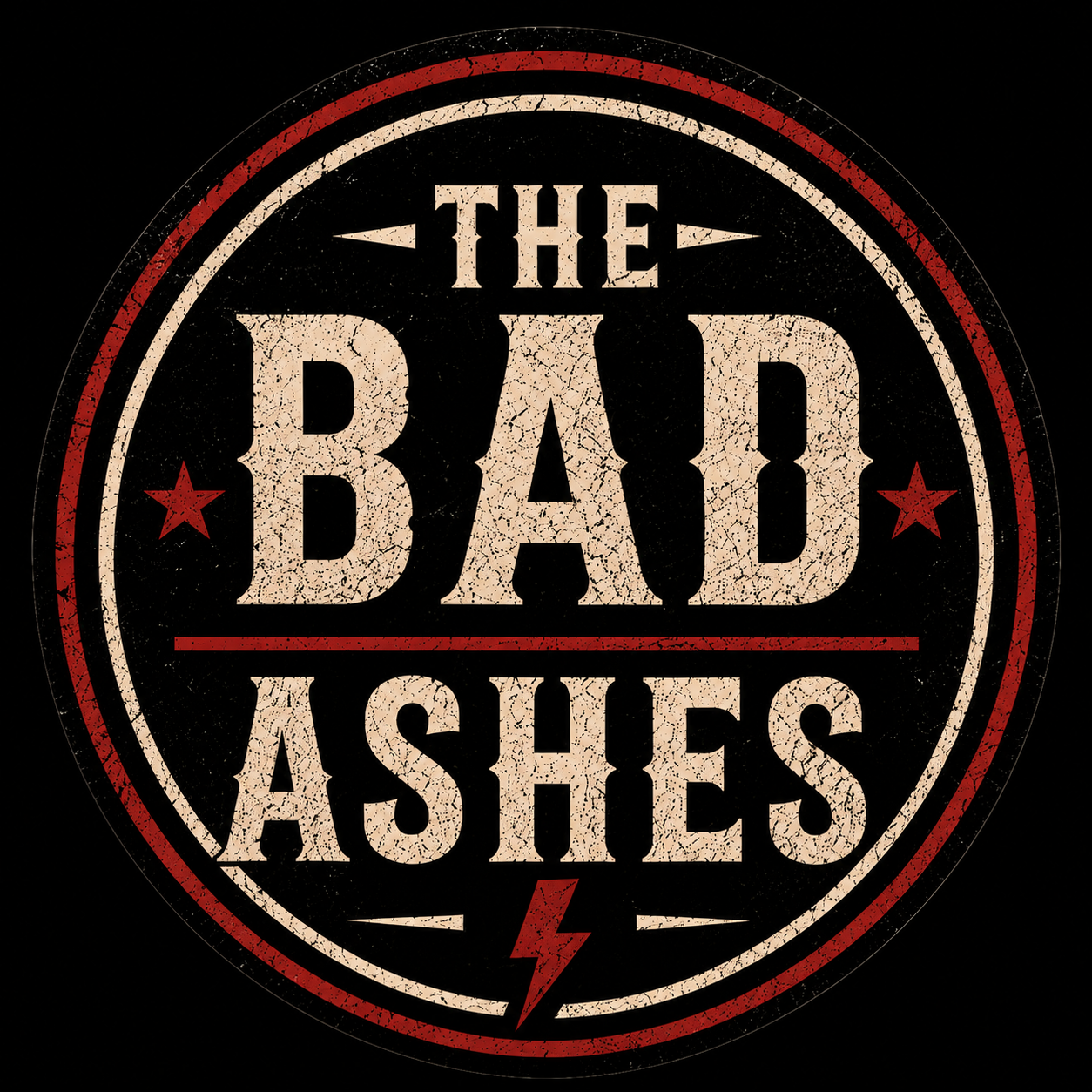 A vintage-style logo that reads 'The Badass Dad Ashes' with a lightning bolt and stars, in distressed black, red, and beige colors.