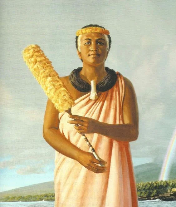 Maui's own beloved queen kaahumanu holding her kahili proudly. painting by her kane
