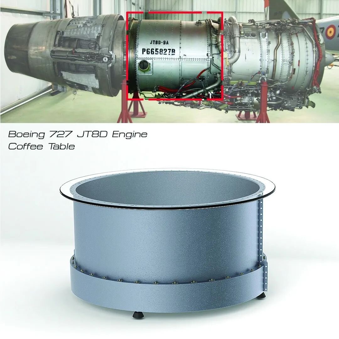 #coffeetable made from a #reclaimed #boeing727 #ansettaustralia #jetengine .The technical name for the component is the Fan Discharge Section Outer Duct. 

The coffee tables have a diameter of approx 1m and x2 are available for purchase. PM for any e