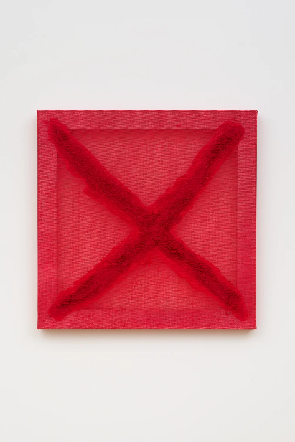 Untitled (Red X), 2013. Acrylic, wax, cotton interface. (23 x 23 x 1.25 inches)