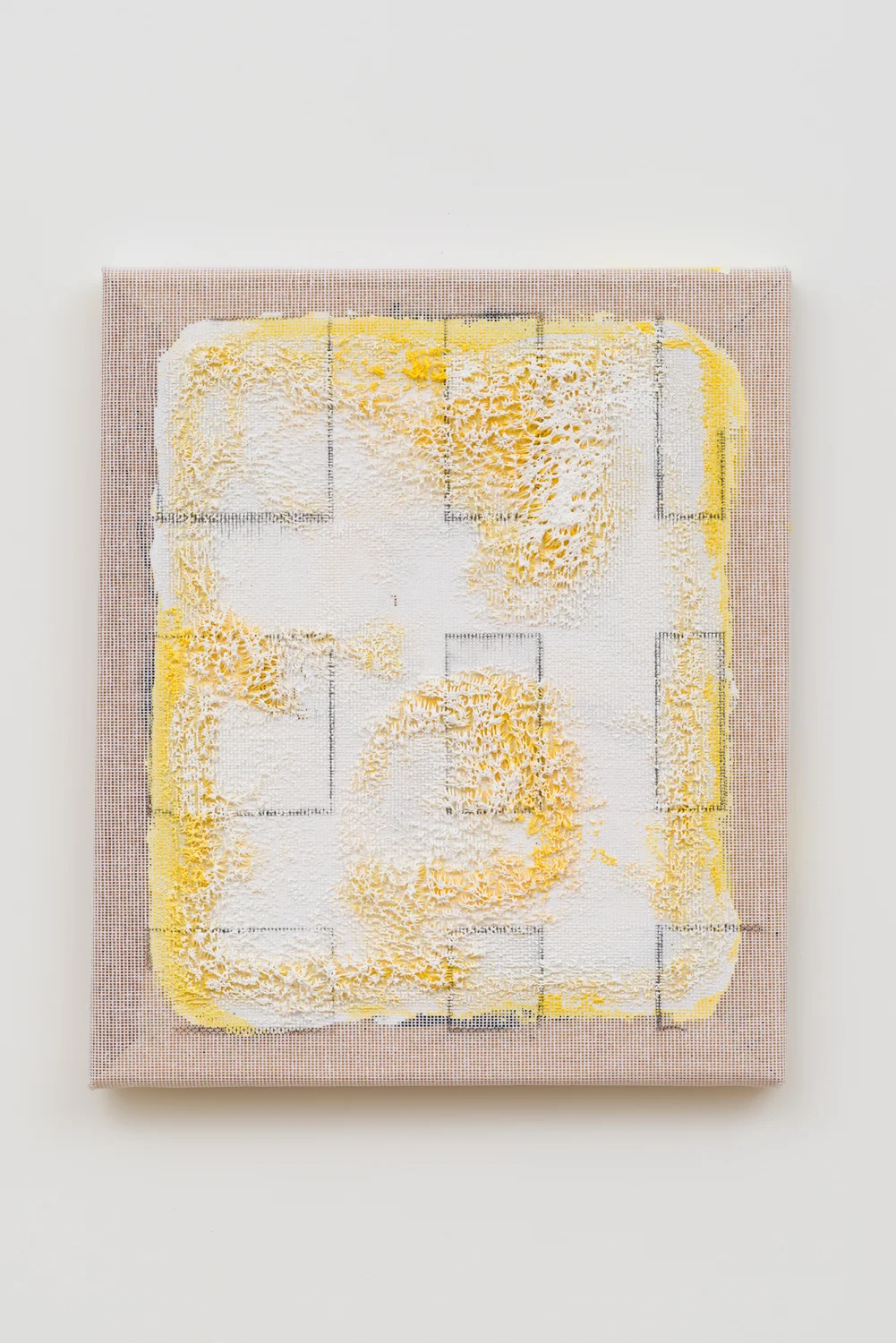 Untitled, 2015. Acrylic, wax, charcoal, cotton interface. (12 x 14 x 1 inches)