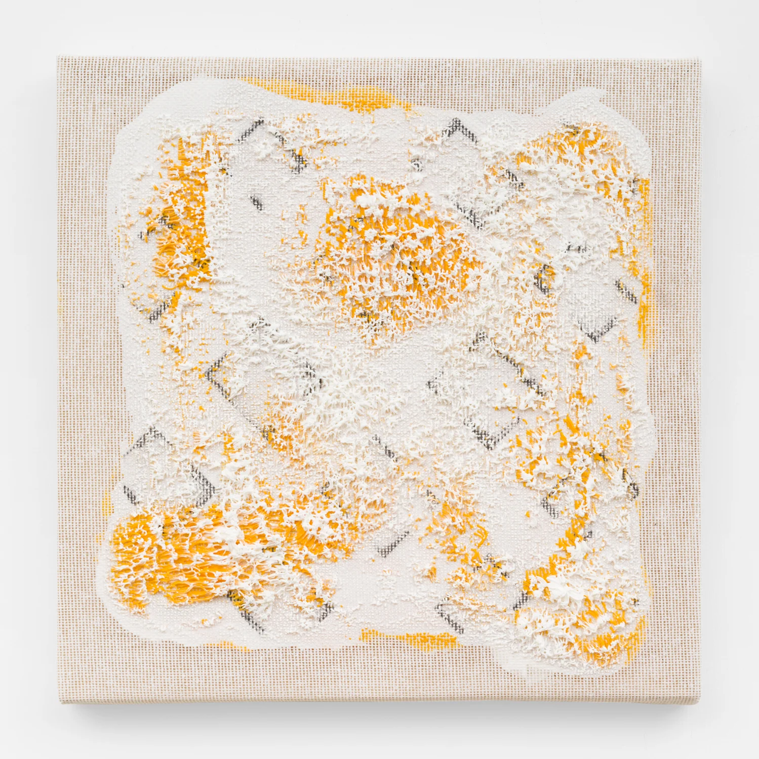 Untitled, 2017. Acrylic, wax, charcoal, cotton interface. (13 x 13 x 1 inches)