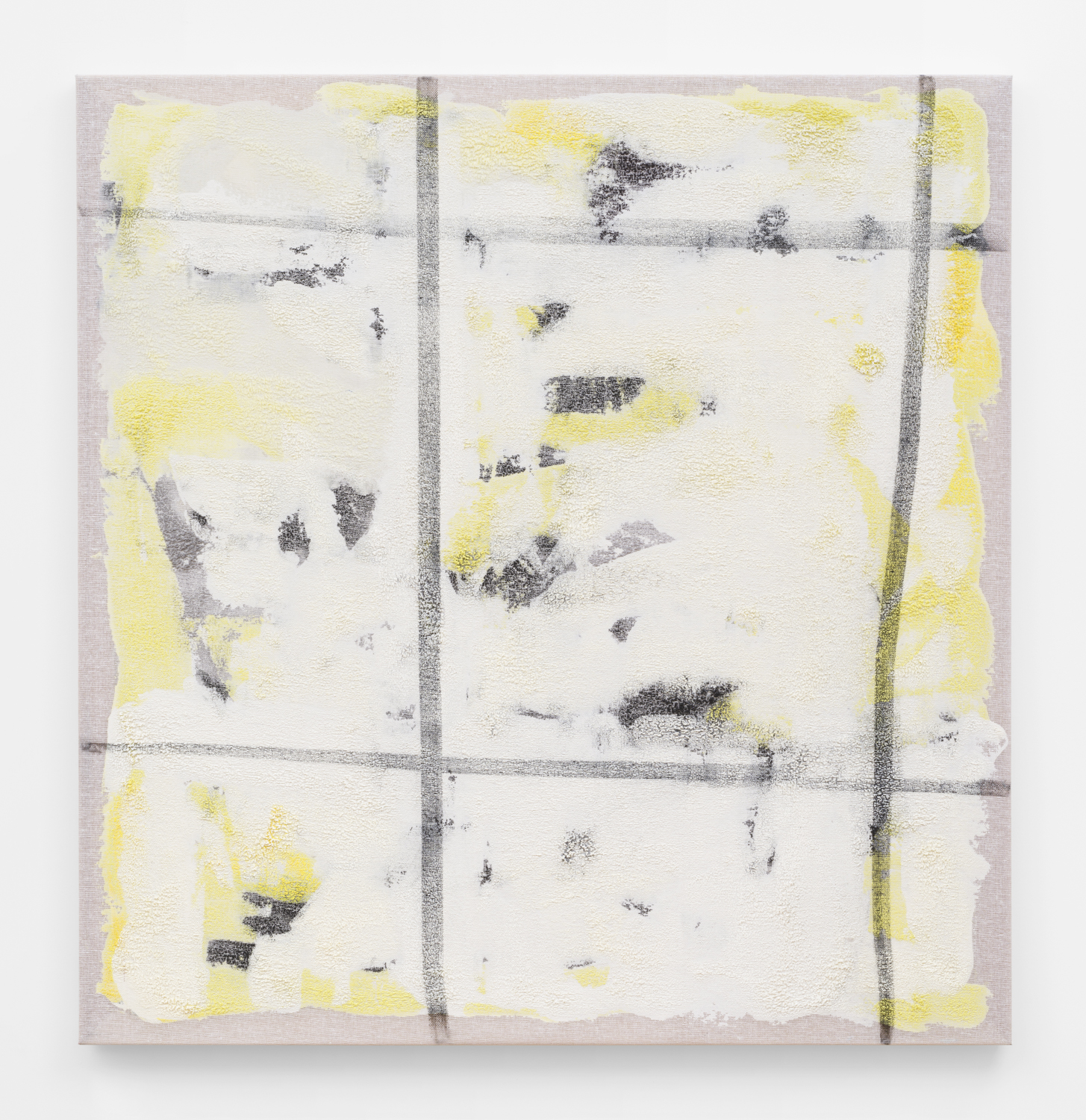 Untitled, 2015. Acrylic, wax, charcoal, cotton interface. (52 x 54 x 1.5 inches)