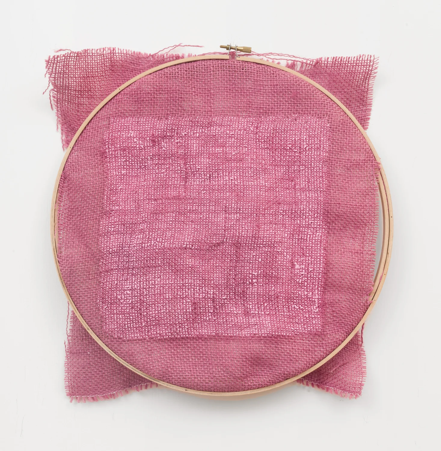 Untitled, 2015. Acrylic, wax, dyed jute, embroidery loom. (13 x 13 x 1 inches)