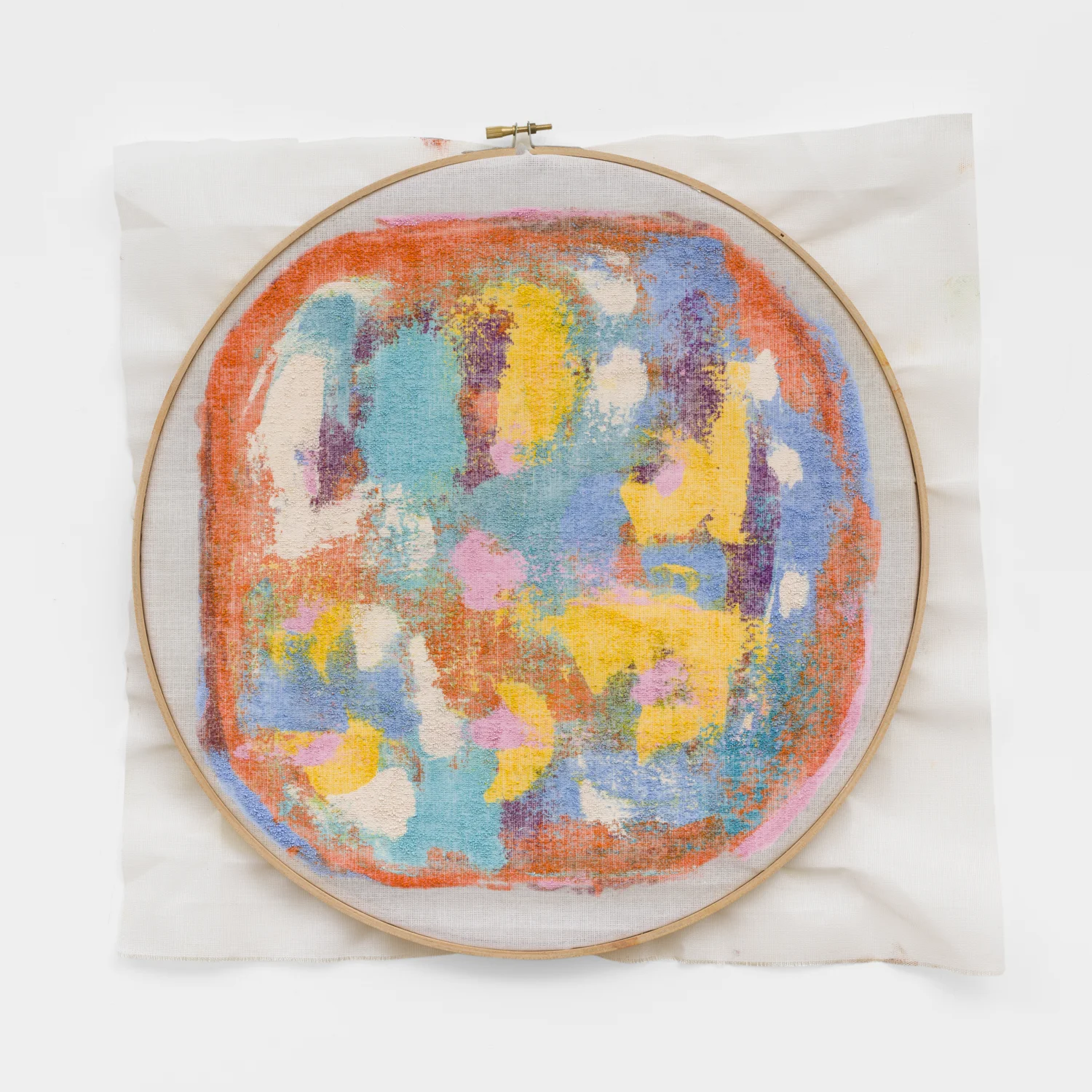 Untitled, 2018. Oil, cotton interface, embroidery hoop (15.5 x 15.5 x 1 inches)